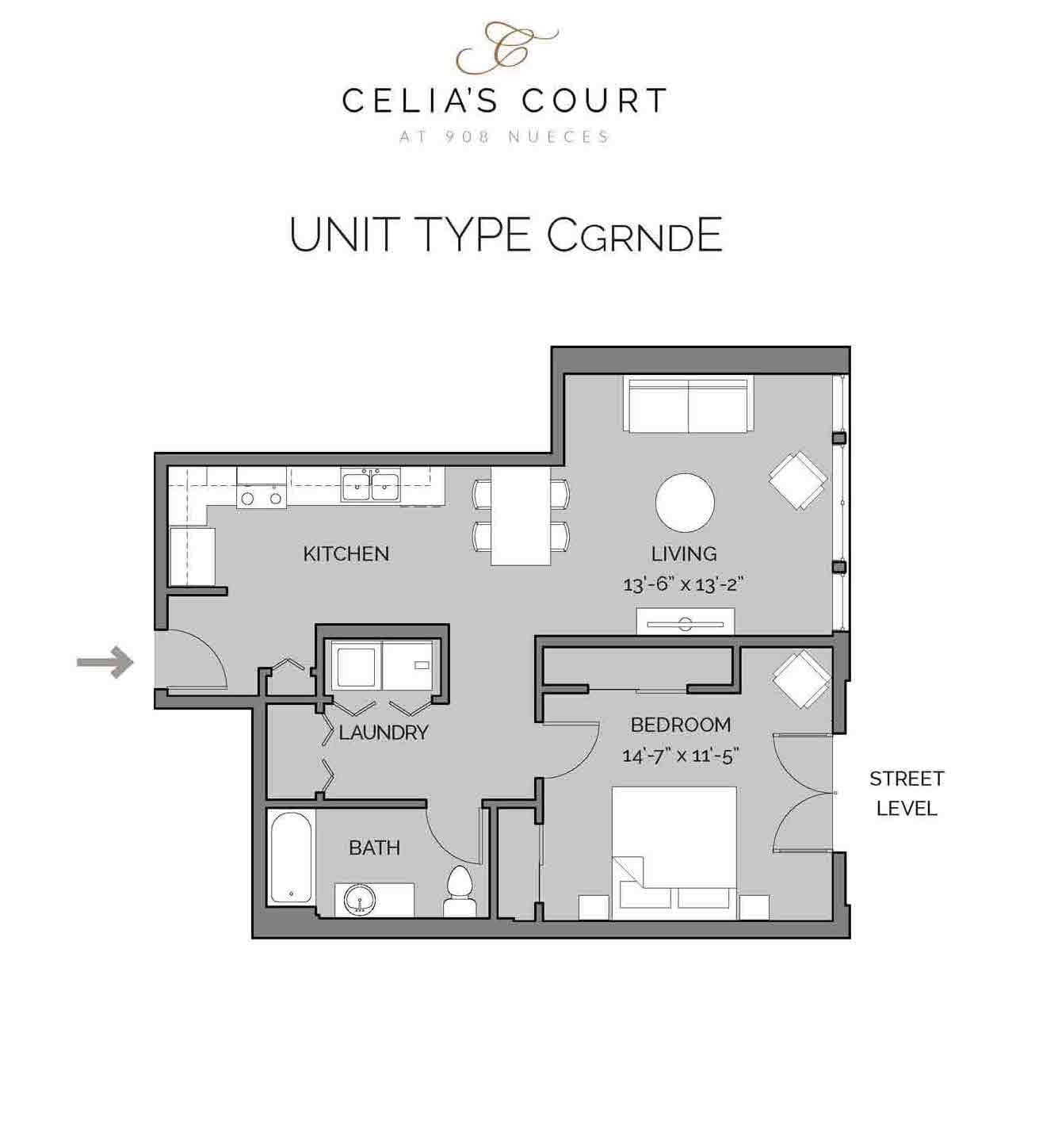 Celia's Court CgrndE floor plan - 1 bed, 842 SF