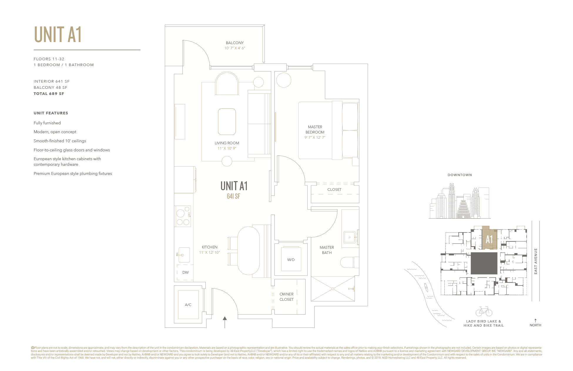 A1 floor plan — 1 bed, 641 SF