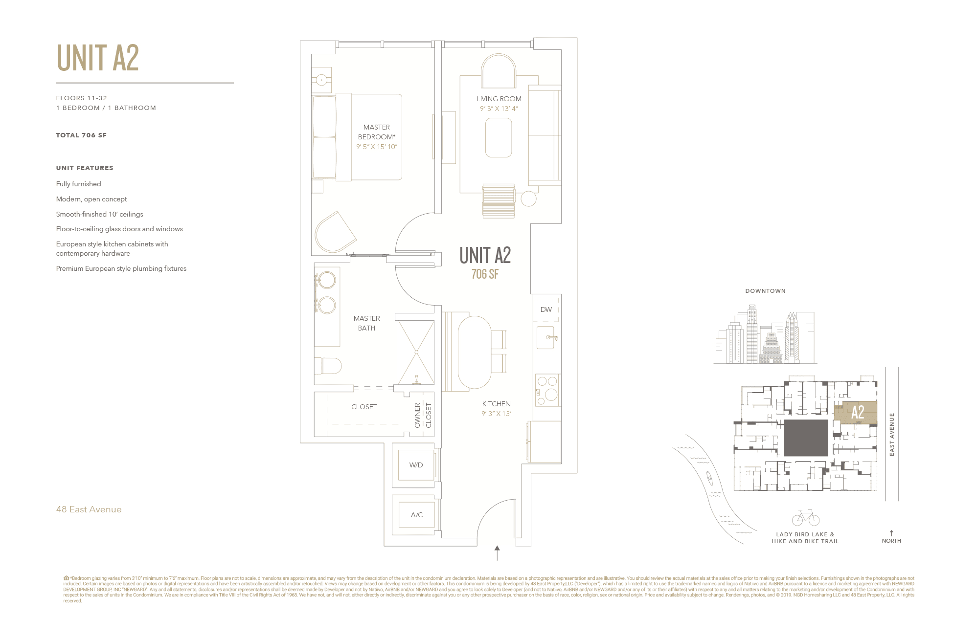 A2 floor plan — 1 bed, 706 SF