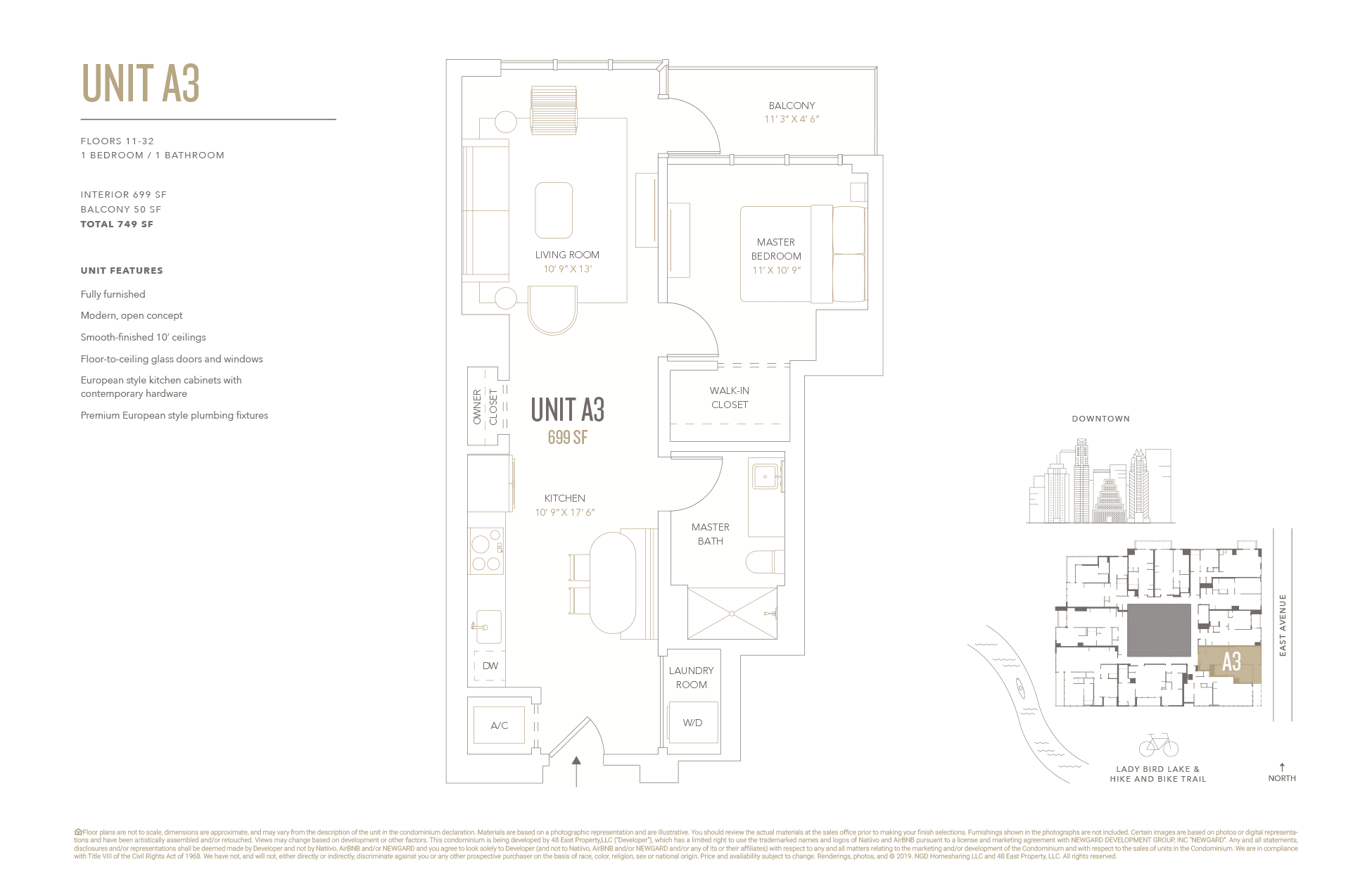 A3 floor plan — 1 bed, 699 SF