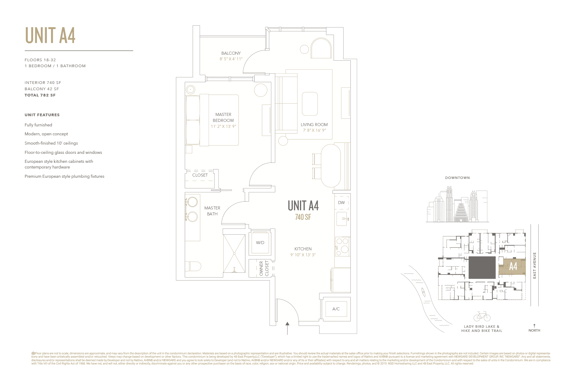 A4 floor plan — 1 bed, 740 SF