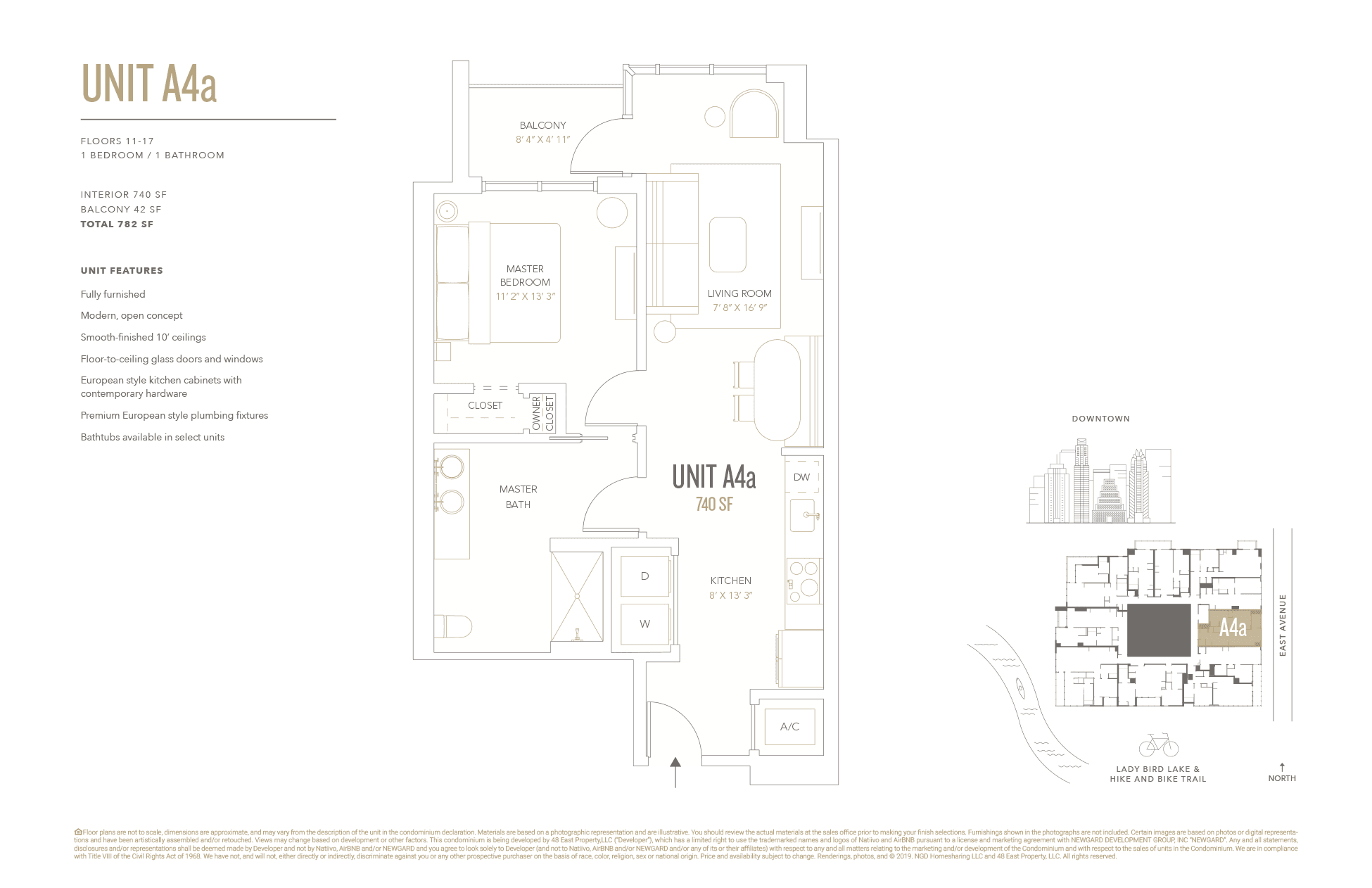 A4a floor plan — 1 bed, 740 SF