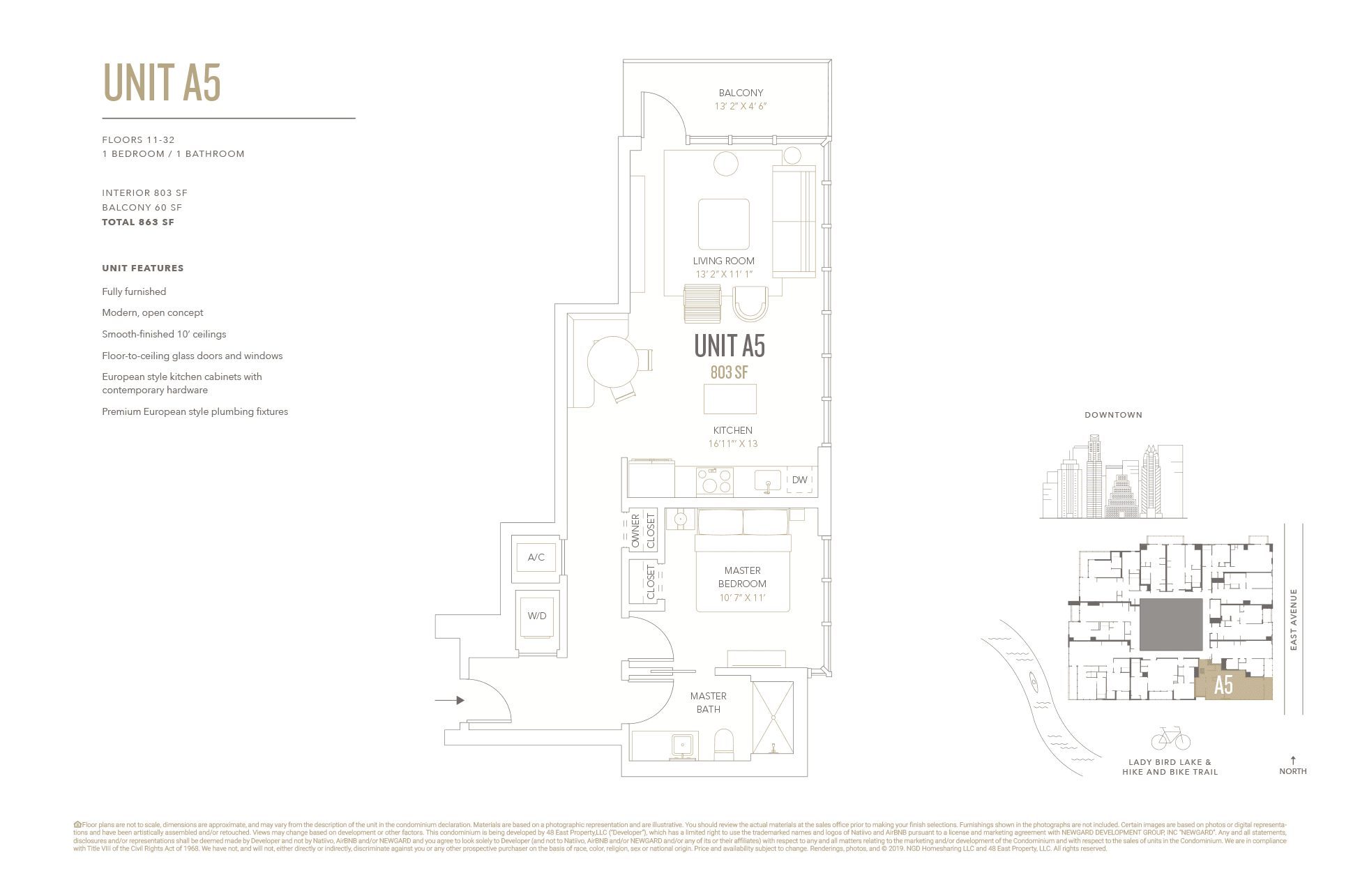 A5 floor plan — 1 bed, 803 SF