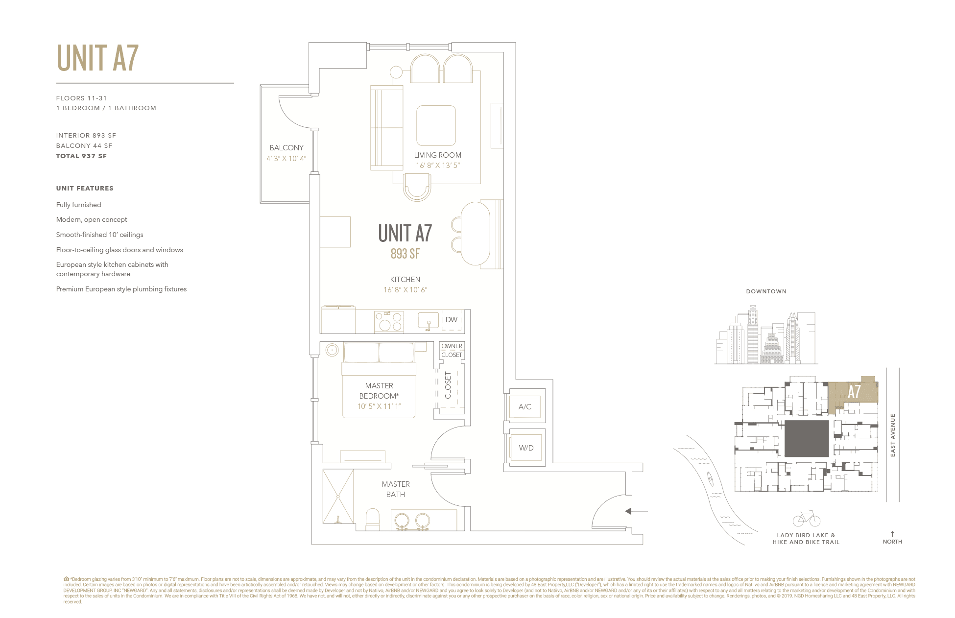 A7 floor plan — 1 bed, 893 SF