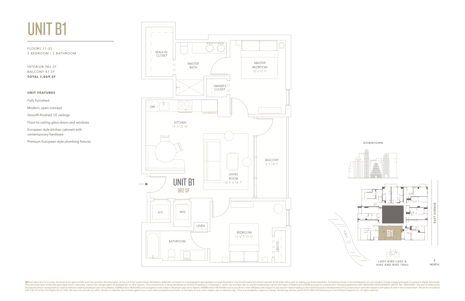 Natiivo B1 floor plan - 2 bed, 982 SF