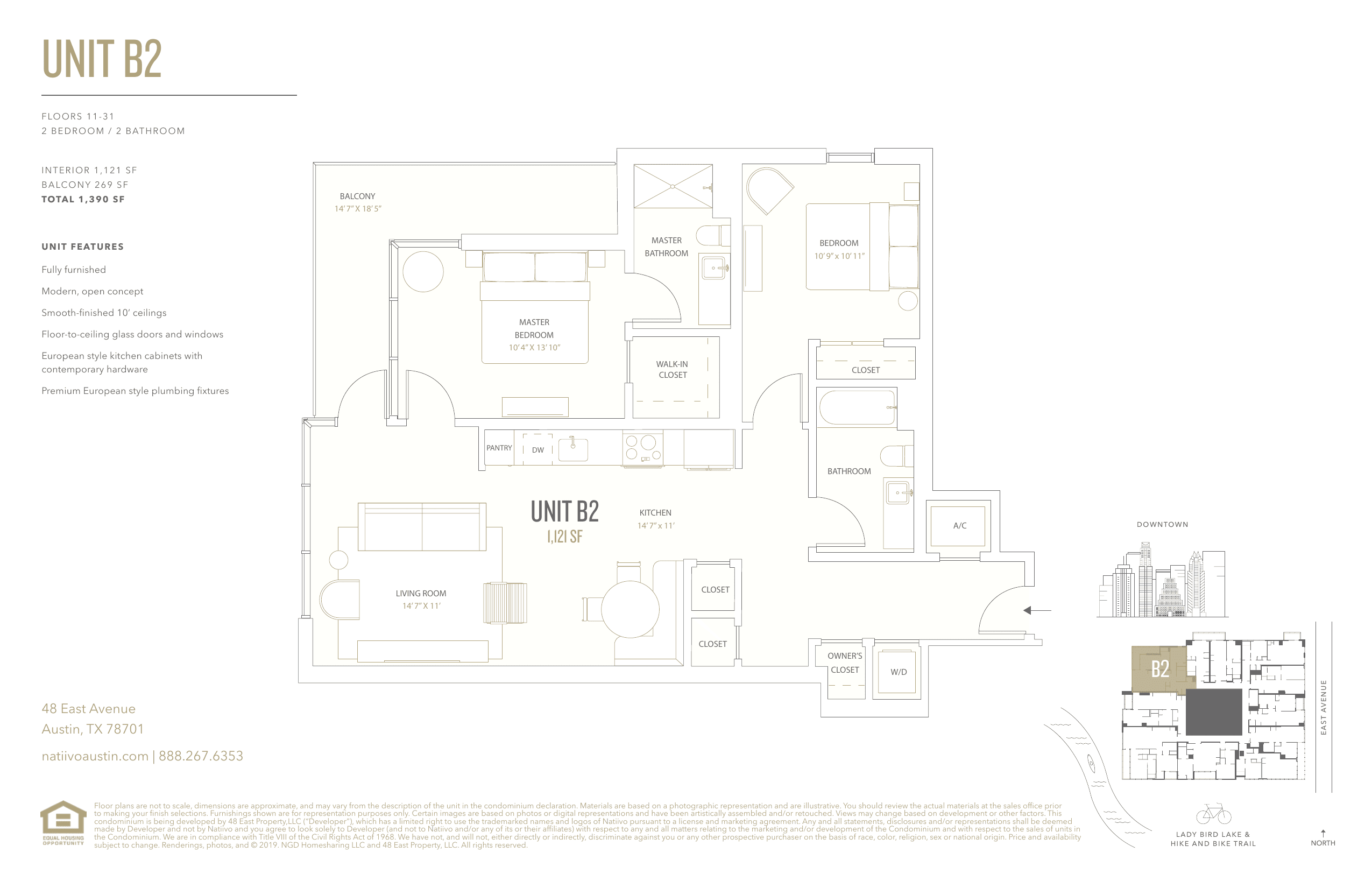 B2 floor plan — 2 bed, 1121 SF