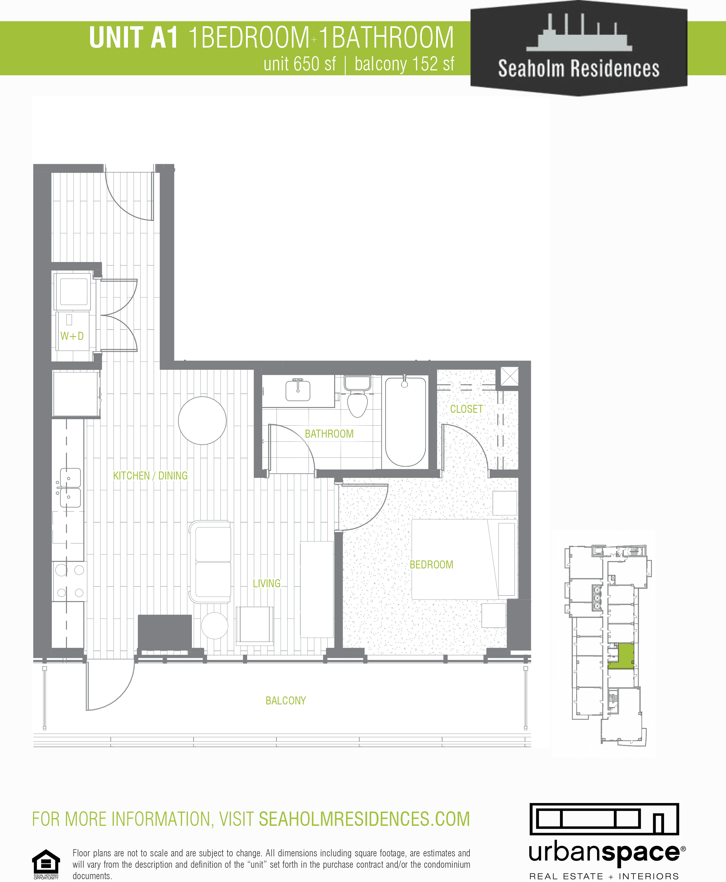 Seaholm Residences A1 floor plan - 1 bed, 650 SF