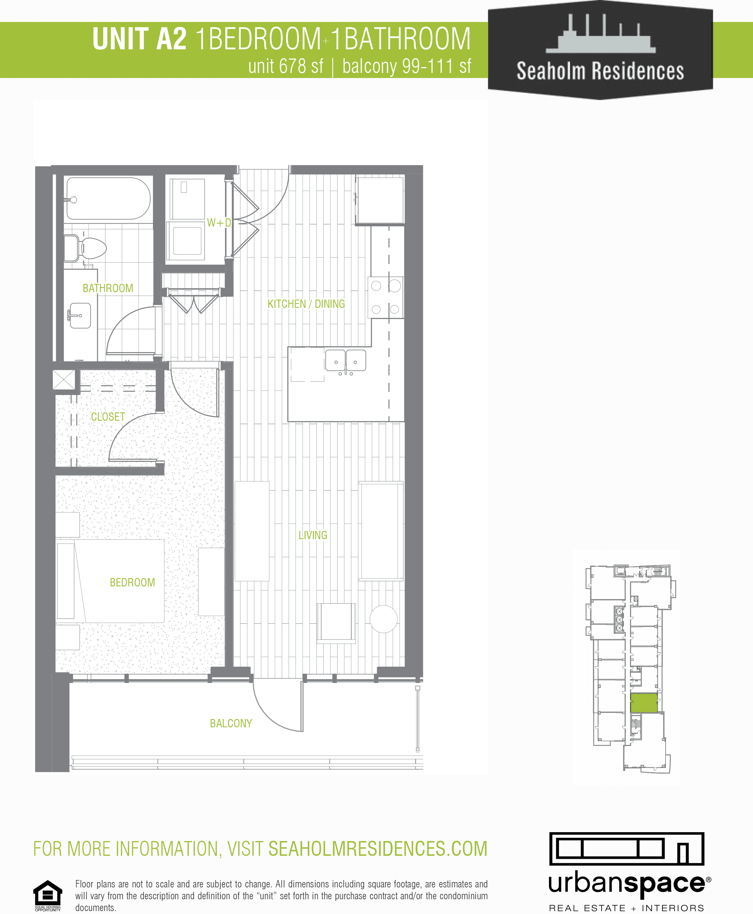 A2 floor plan — 1 bed, 678 SF