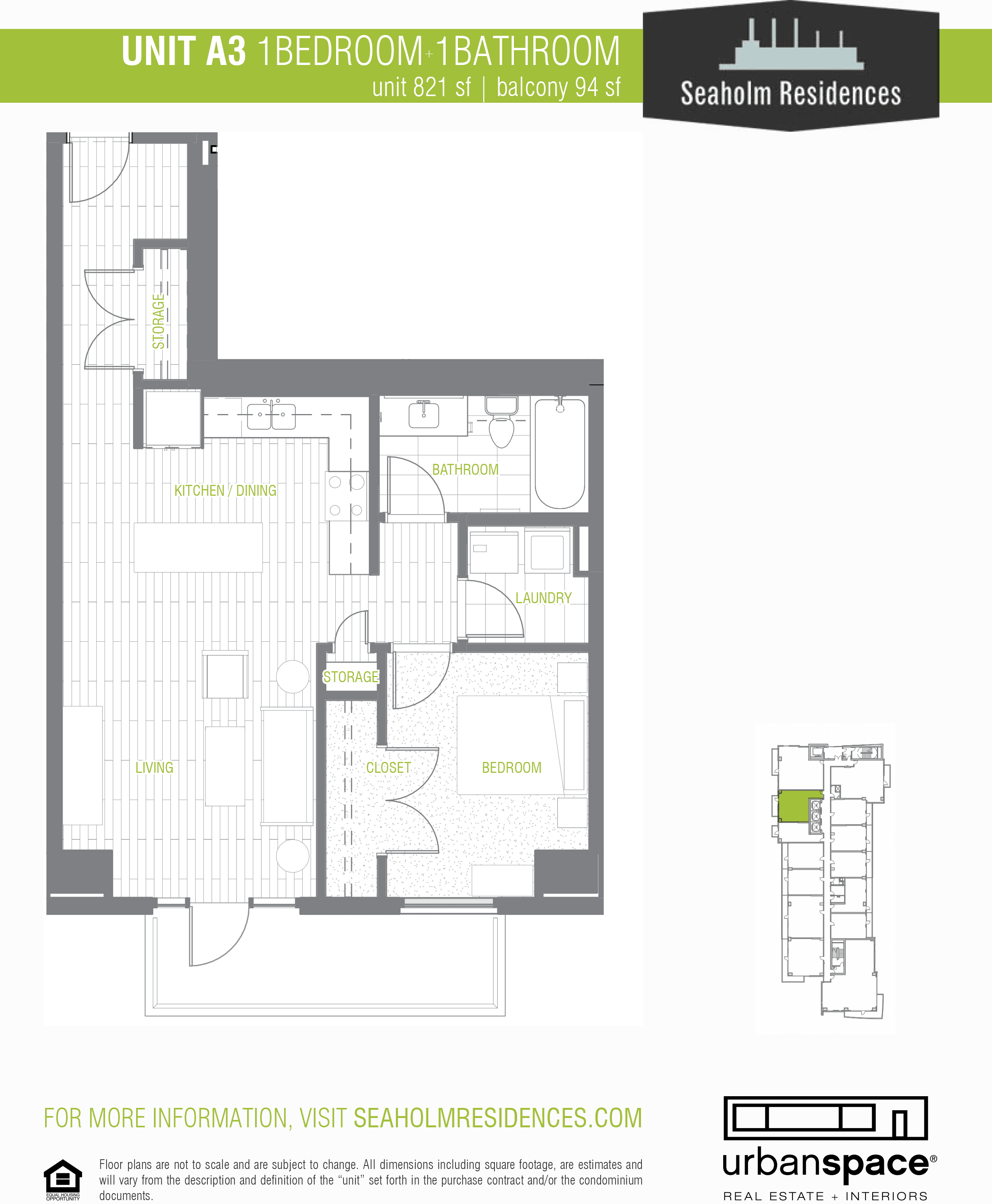 A3 floor plan — 1 bed, 821 SF