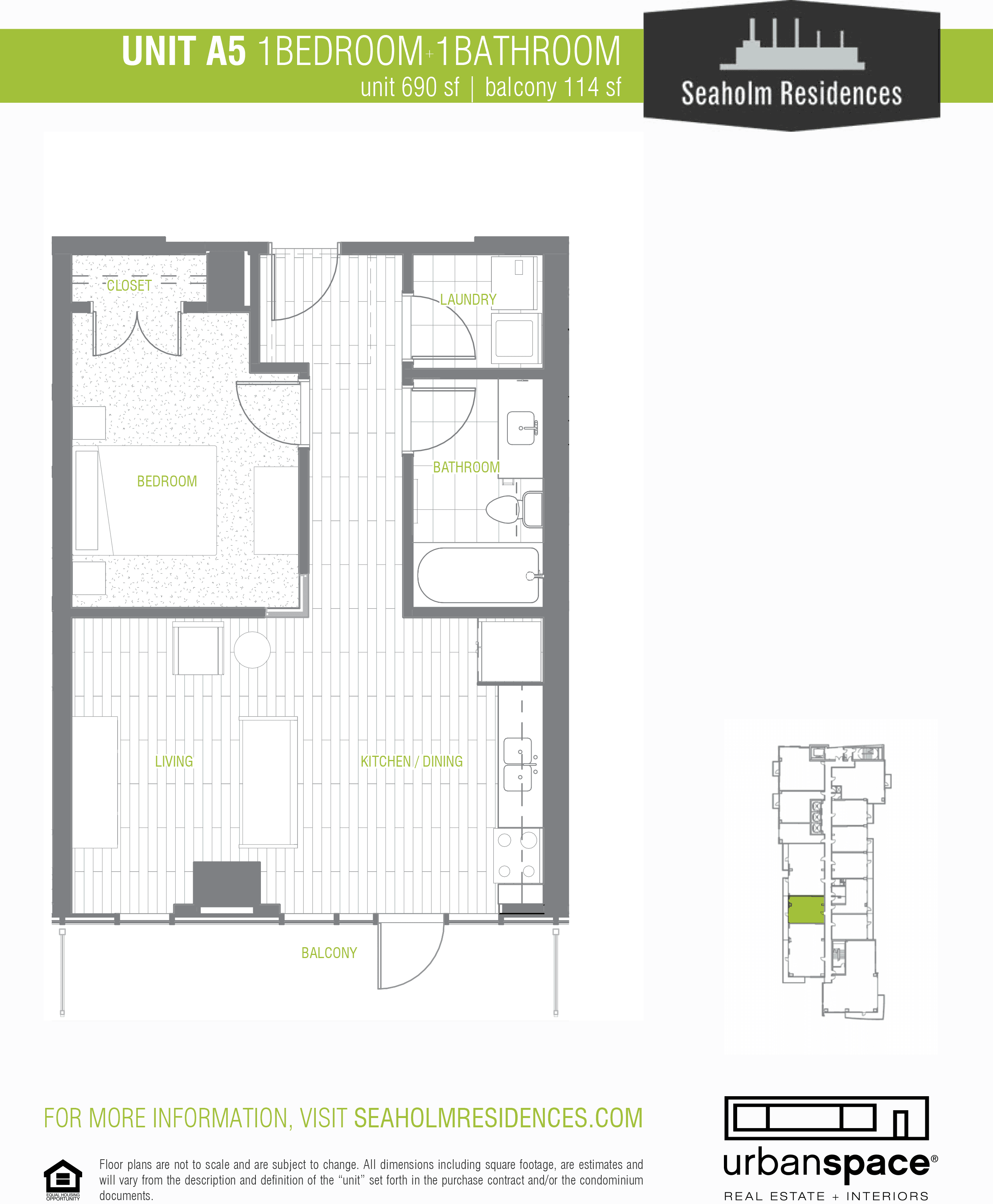Seaholm Residences A5 floor plan - 1 bed, 690 SF