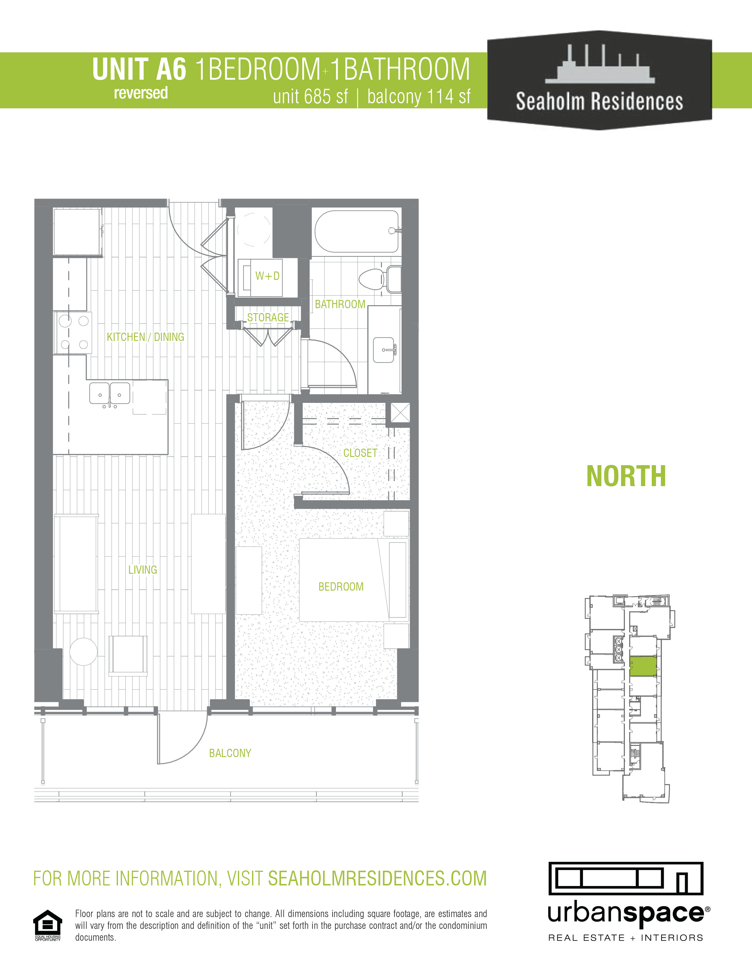 A6-N floor plan — 1 bed, 685 SF
