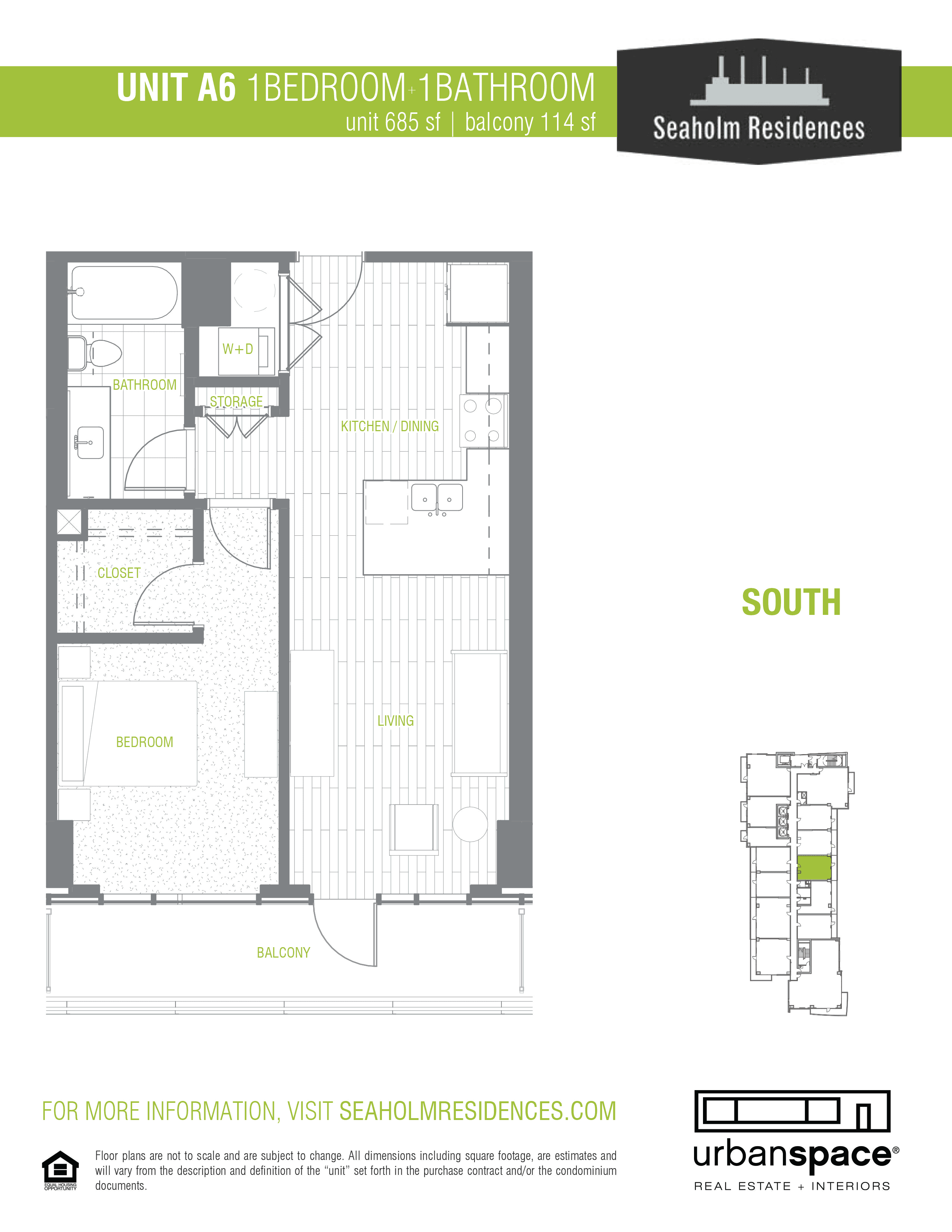 A6-S floor plan — 1 bed, 685 SF