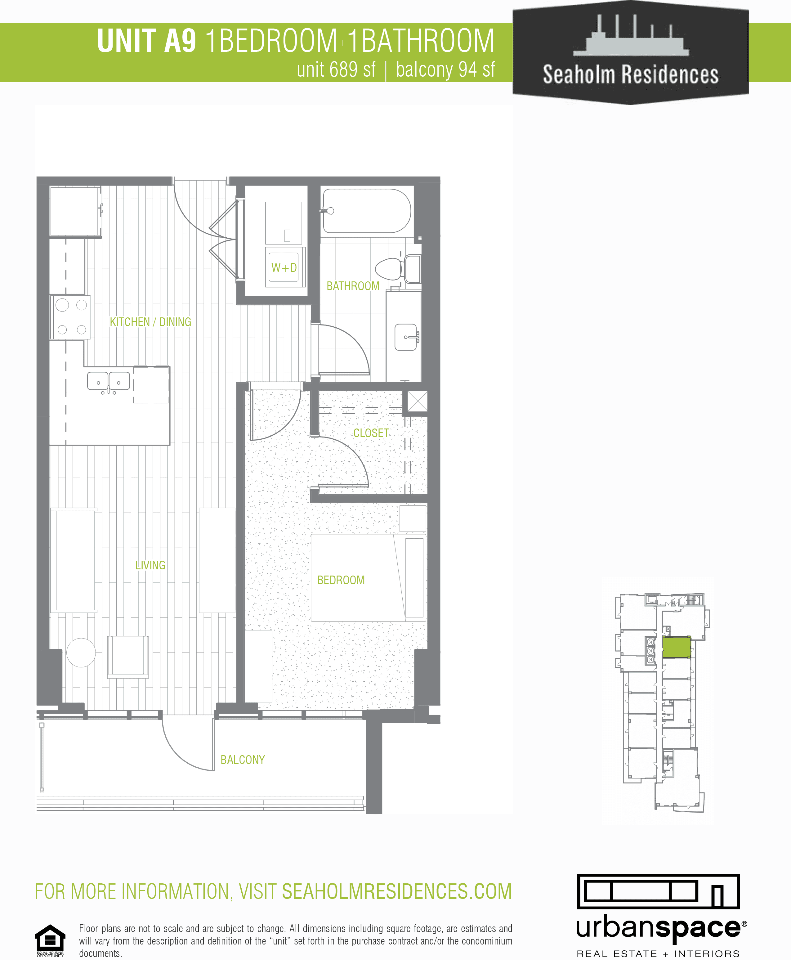A9 floor plan — 1 bed, 689 SF