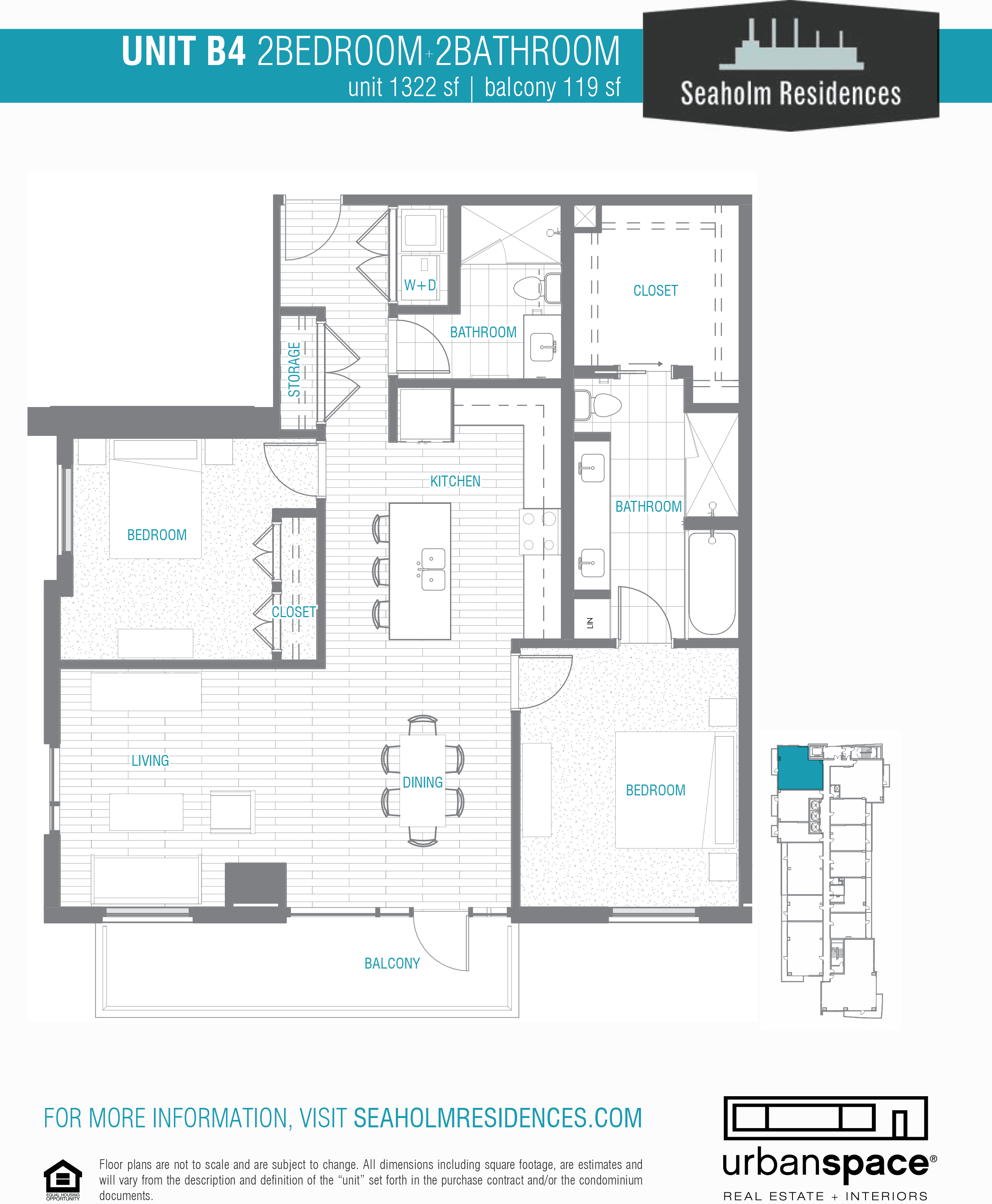 Seaholm Residences B4 floor plan - 2 bed, 1322 SF