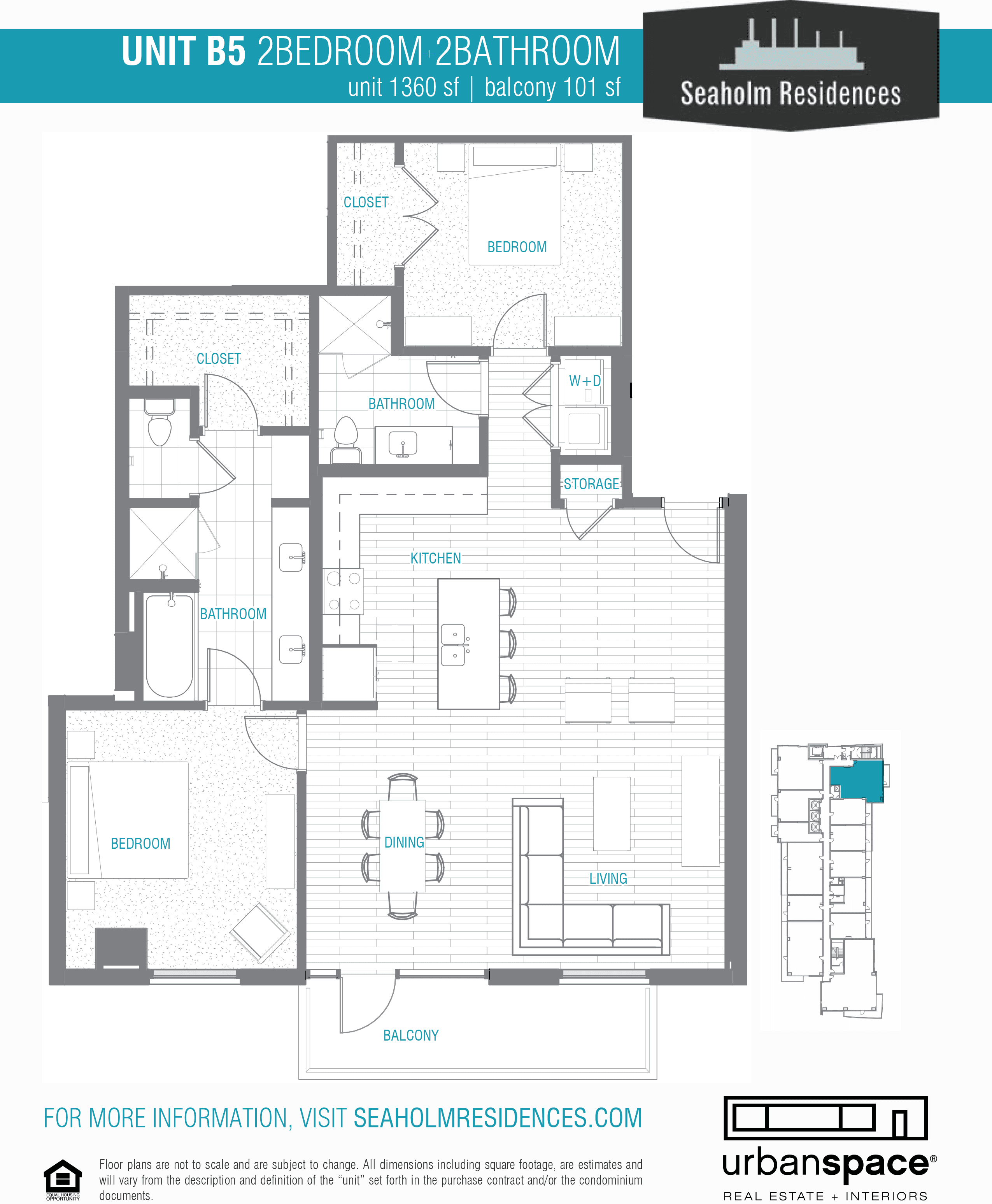 Seaholm Residences B5 floor plan - 2 bed, 1360 SF