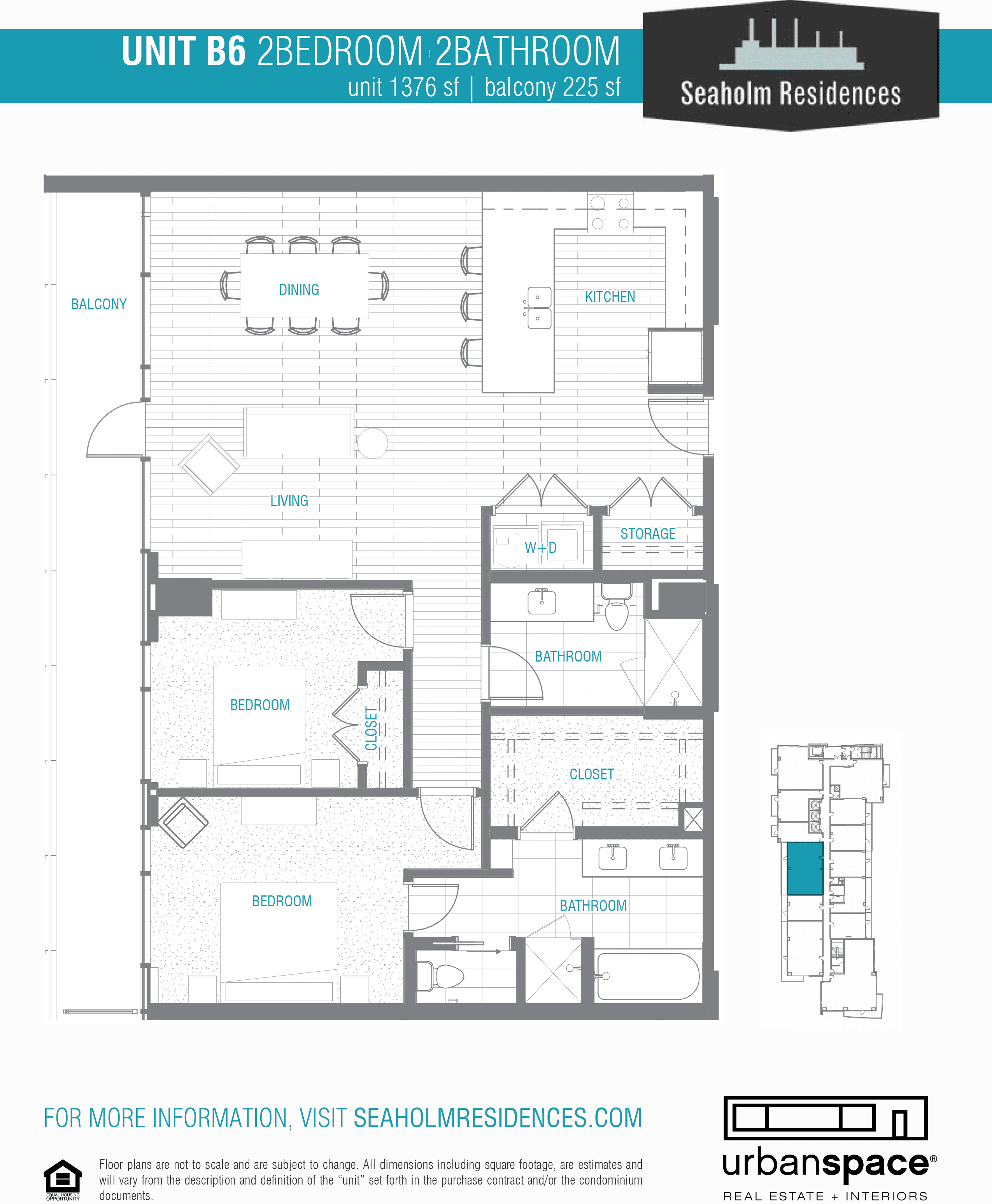 Seaholm Residences B6 floor plan - 2 bed, 1376 SF