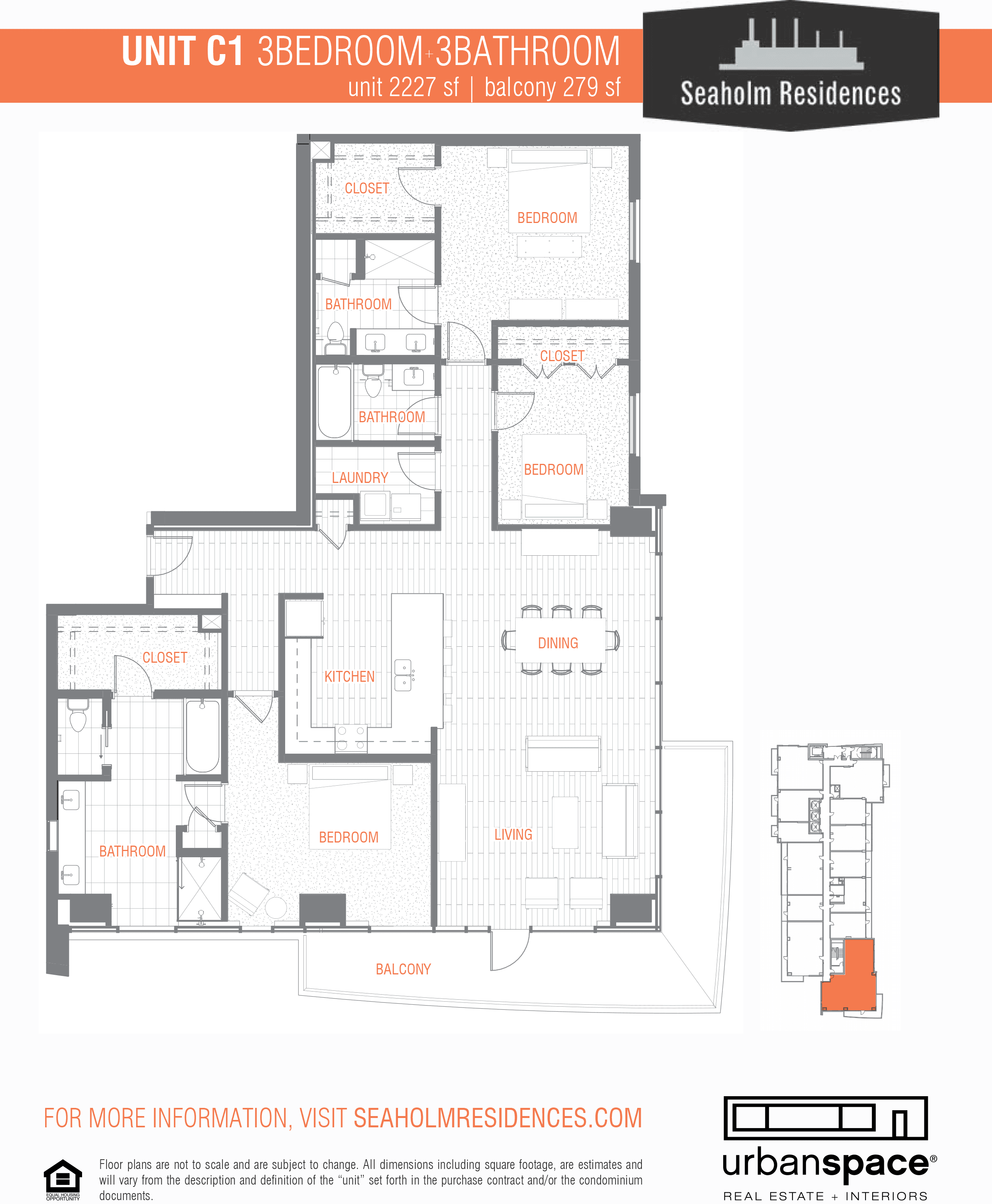 Seaholm Residences C1 floor plan - 3 bed, 2227 SF