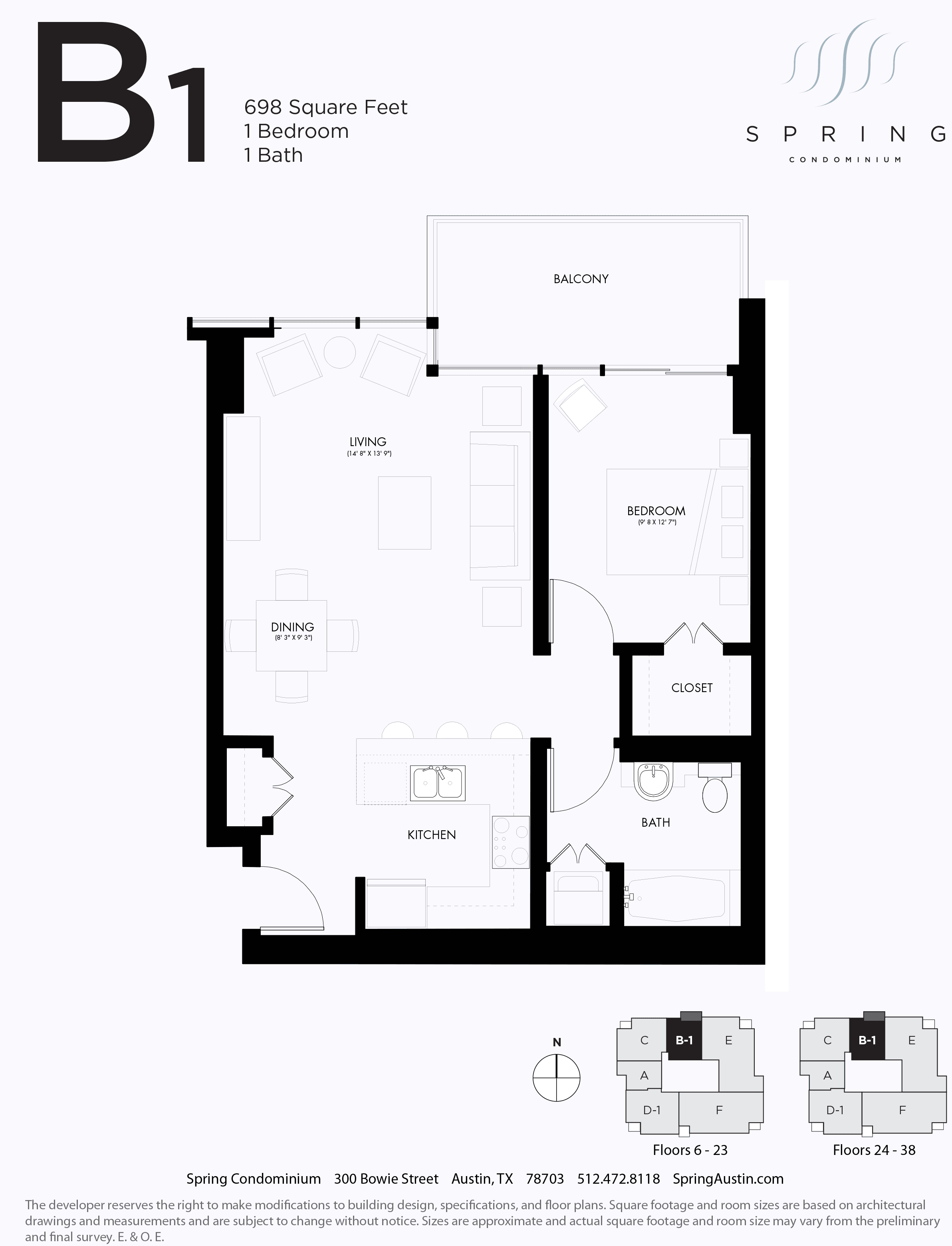 B1 floor plan — 1 bed, 698 SF