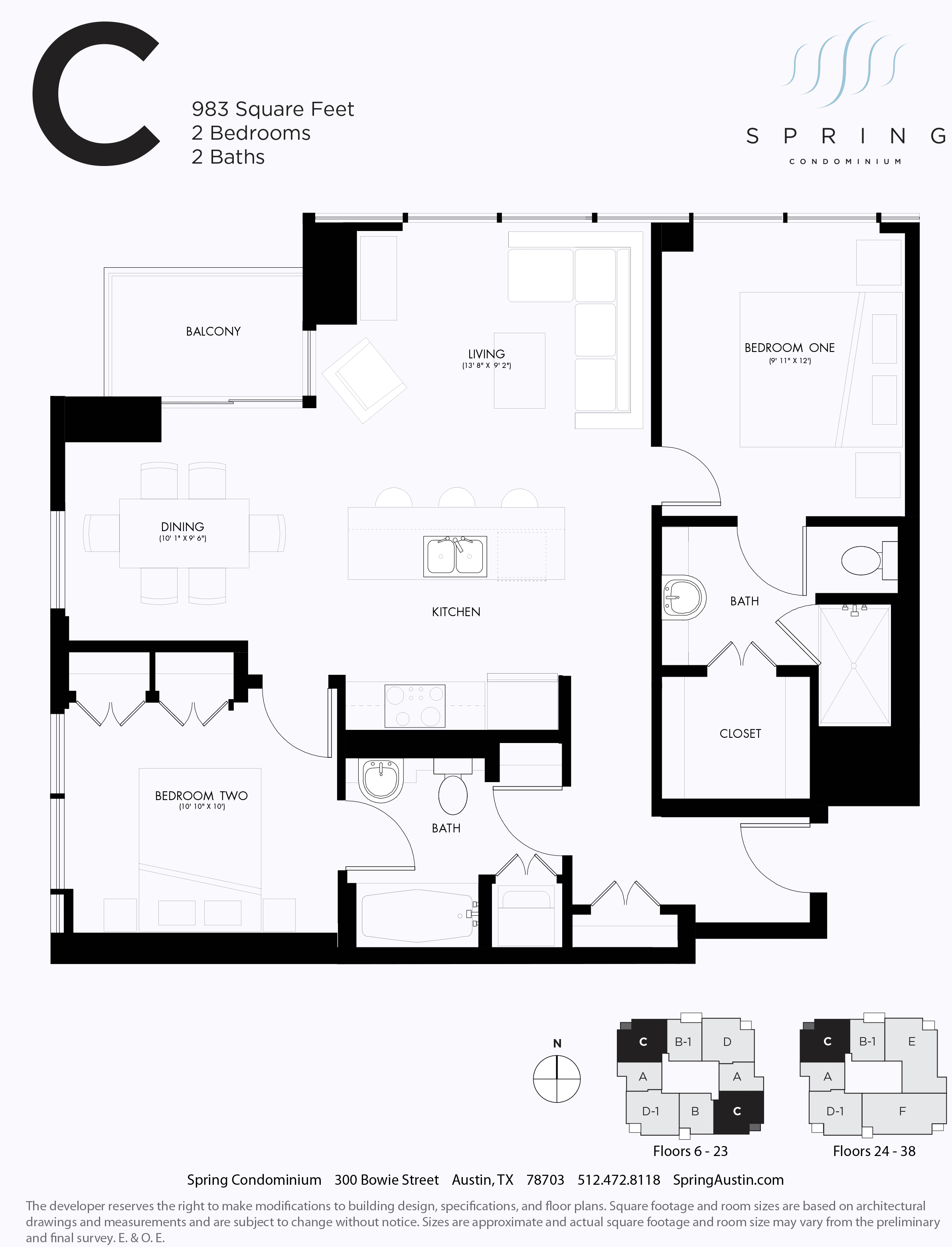 C floor plan — 2 bed, 983 SF