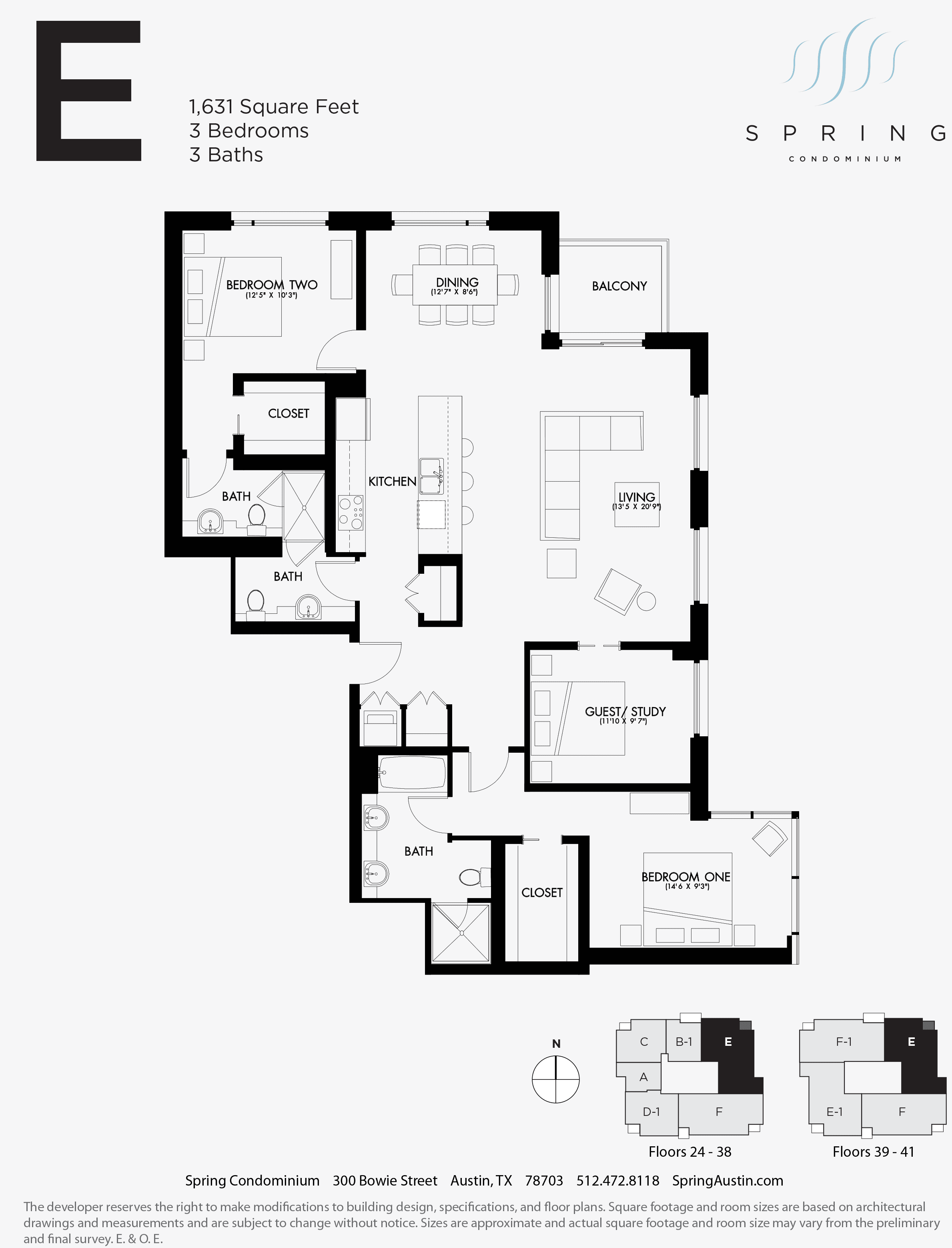Spring Condominiums E floor plan - 3 bed, 1631 SF