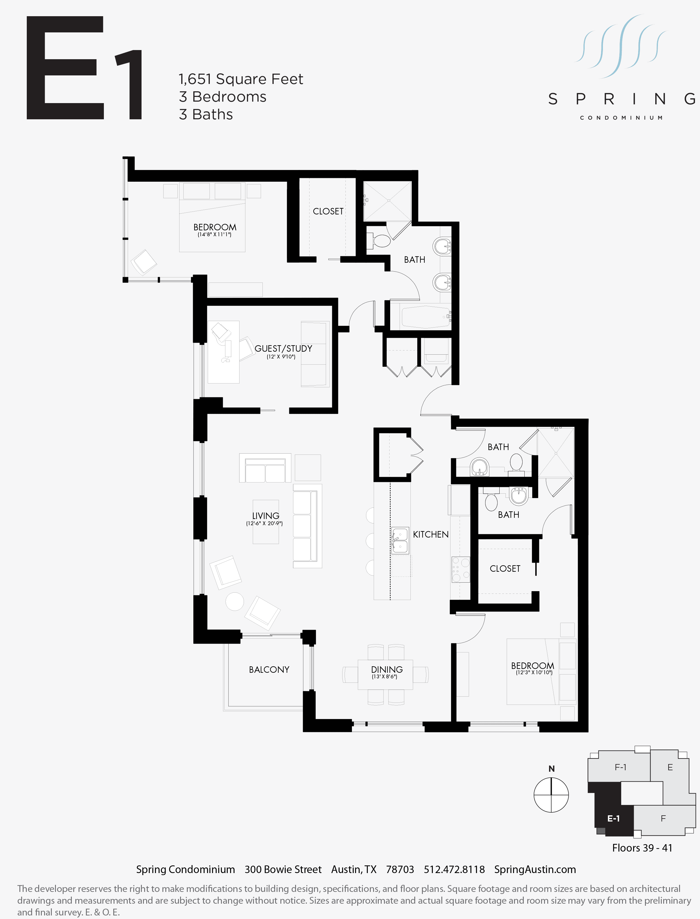 Spring Condominiums E1 floor plan - 3 bed, 1651 SF