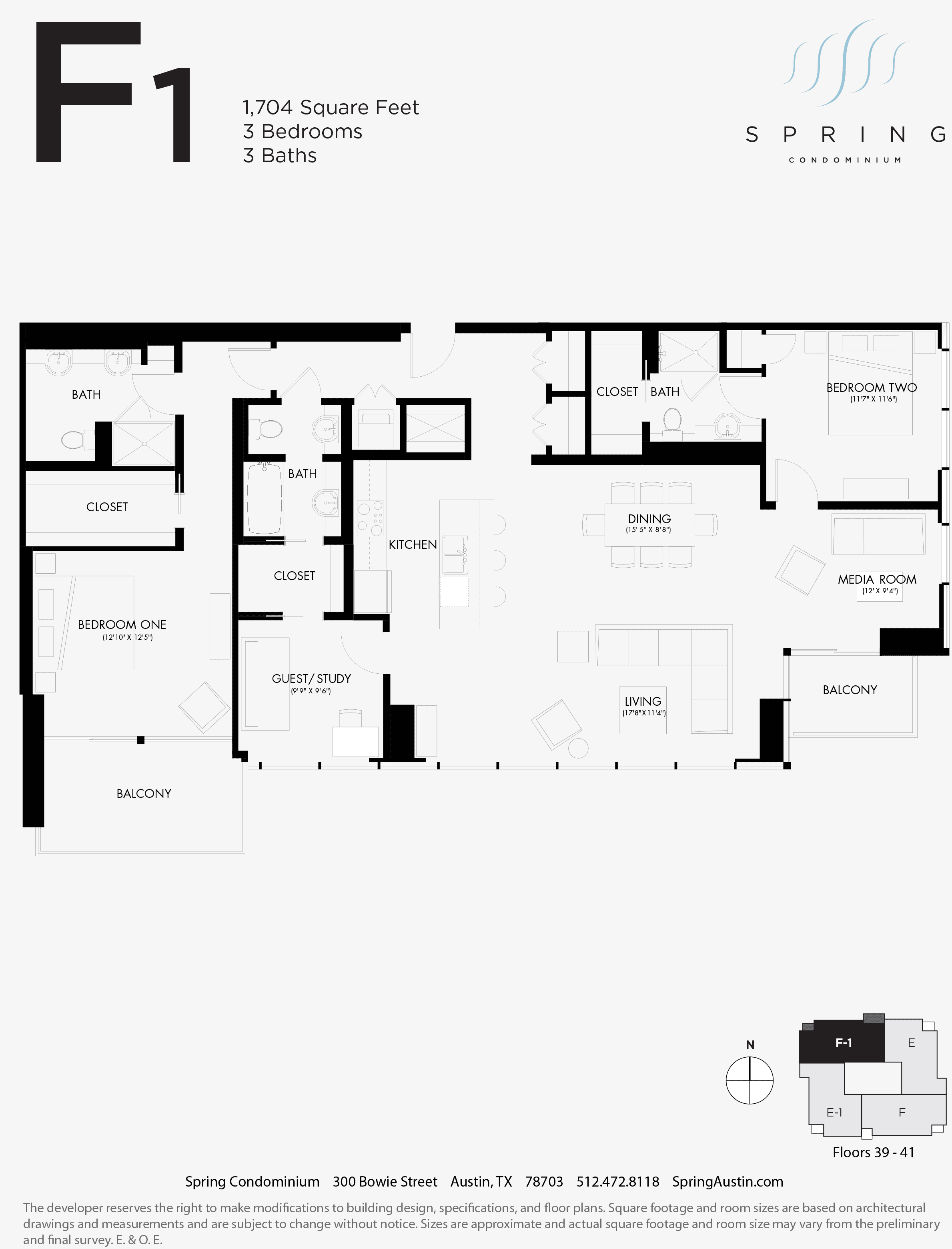 Spring Condominiums F1 floor plan - 3 bed, 1704 SF