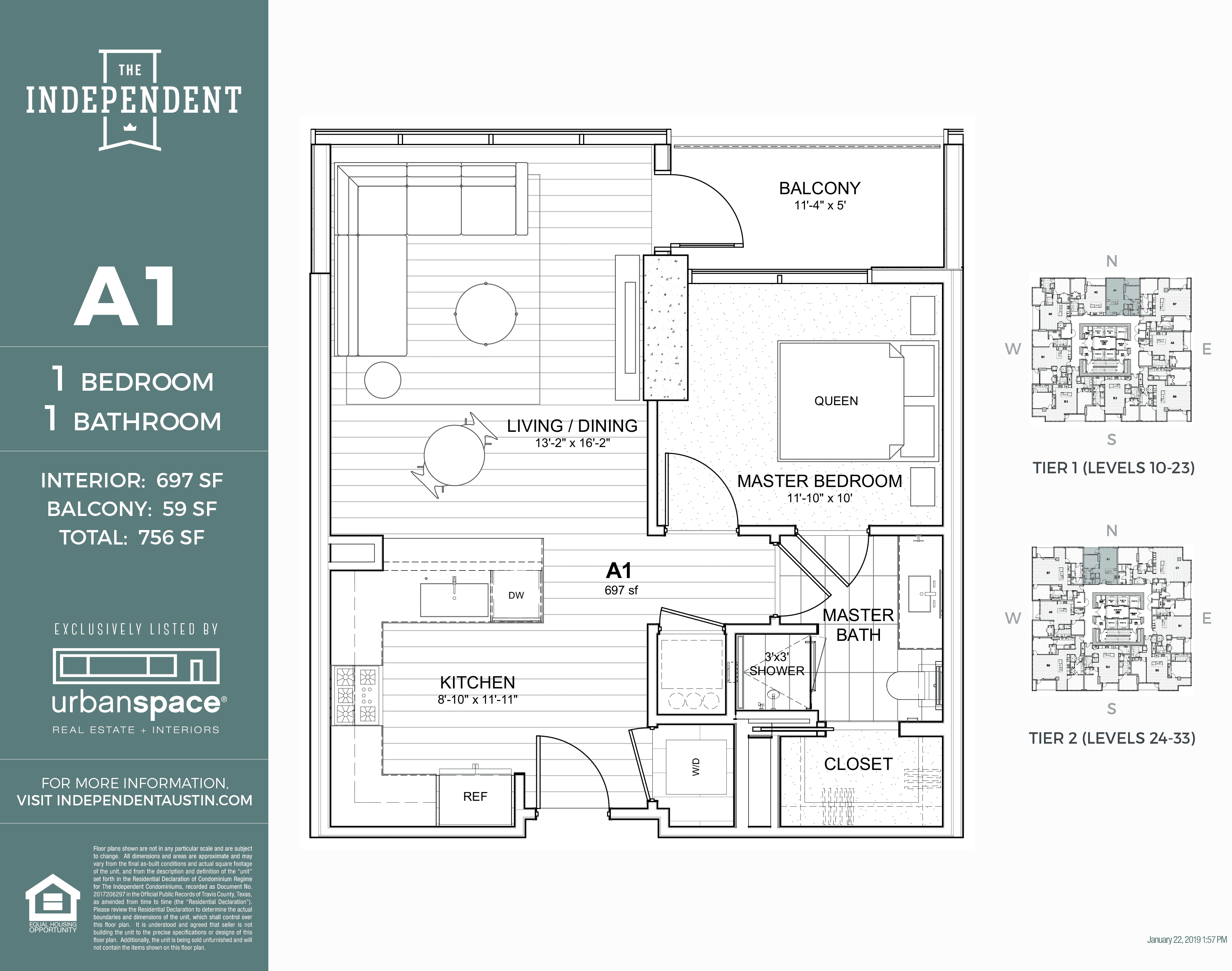 A1 floor plan — 1 bed, 697 SF