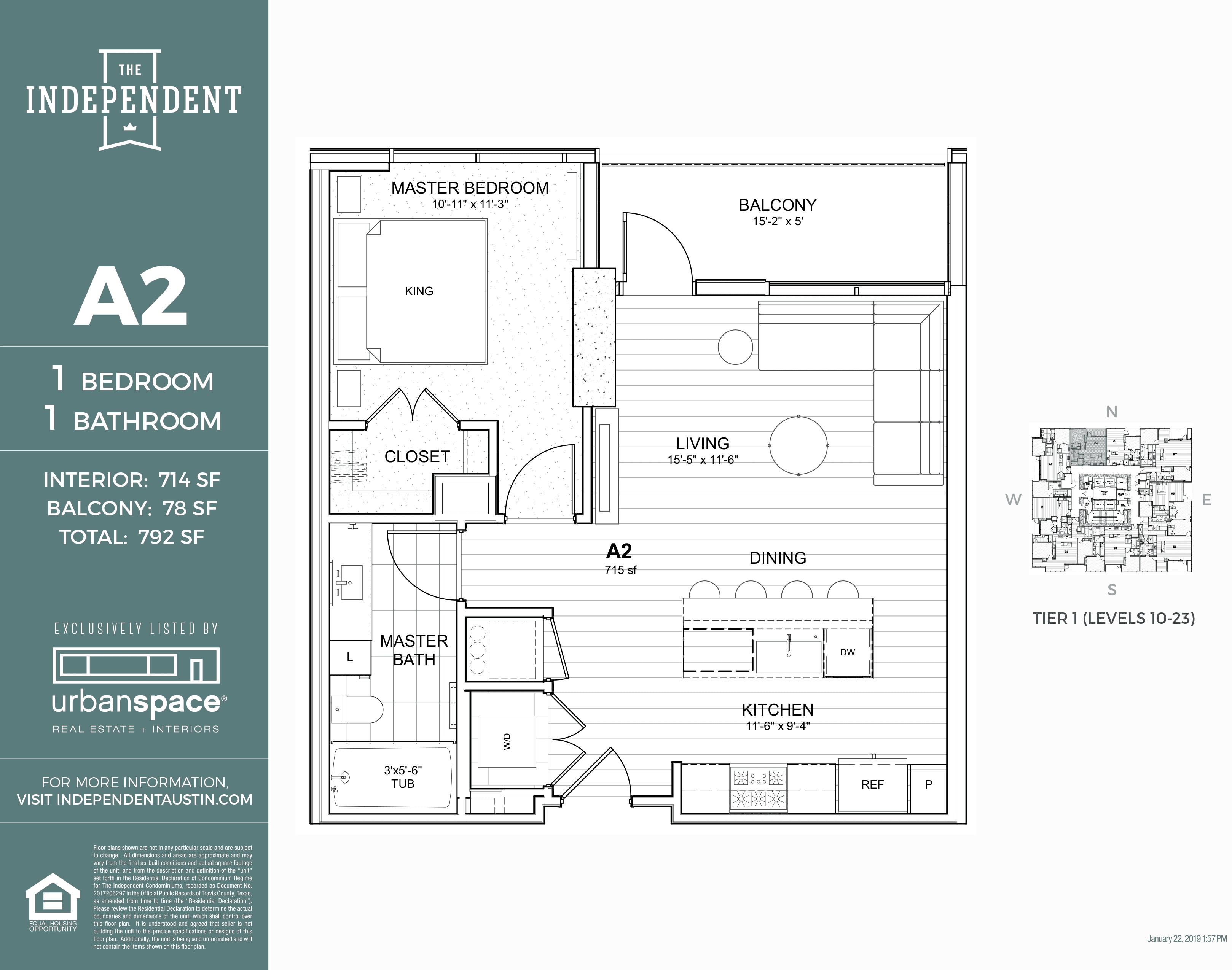 A2 floor plan — 1 bed, 714 SF