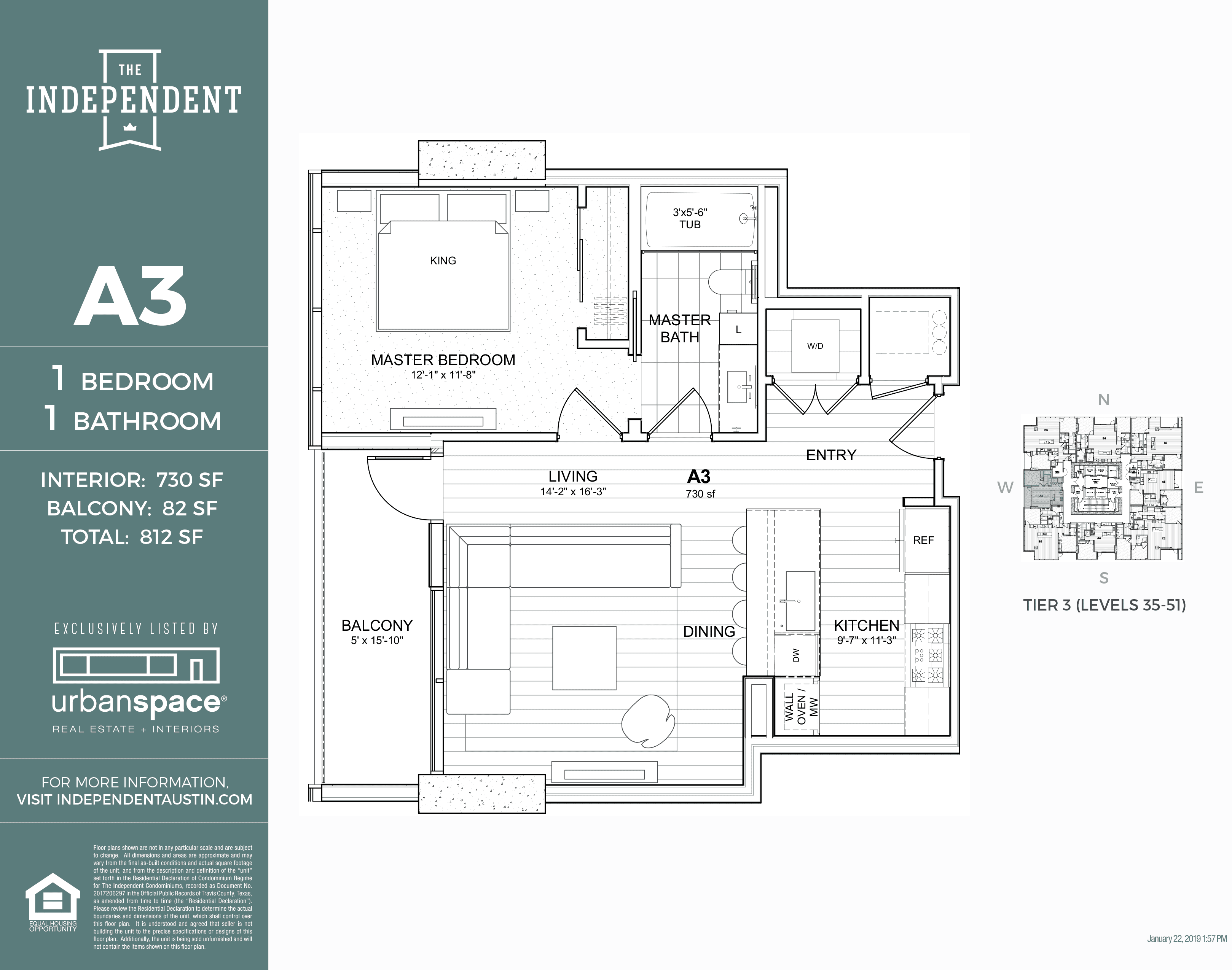 A3 floor plan — 1 bed, 730 SF