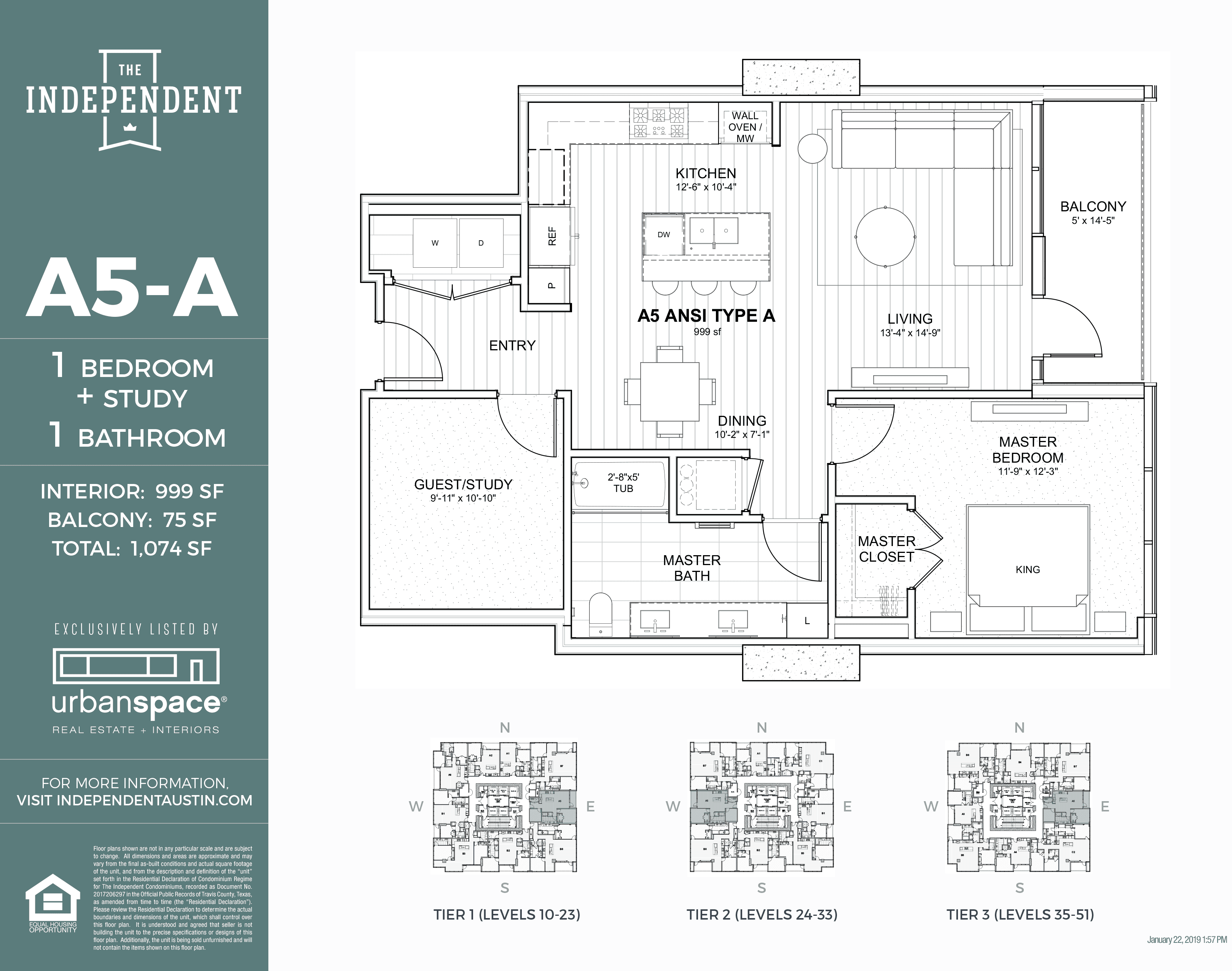 A5 floor plan — 1 bed, 999 SF