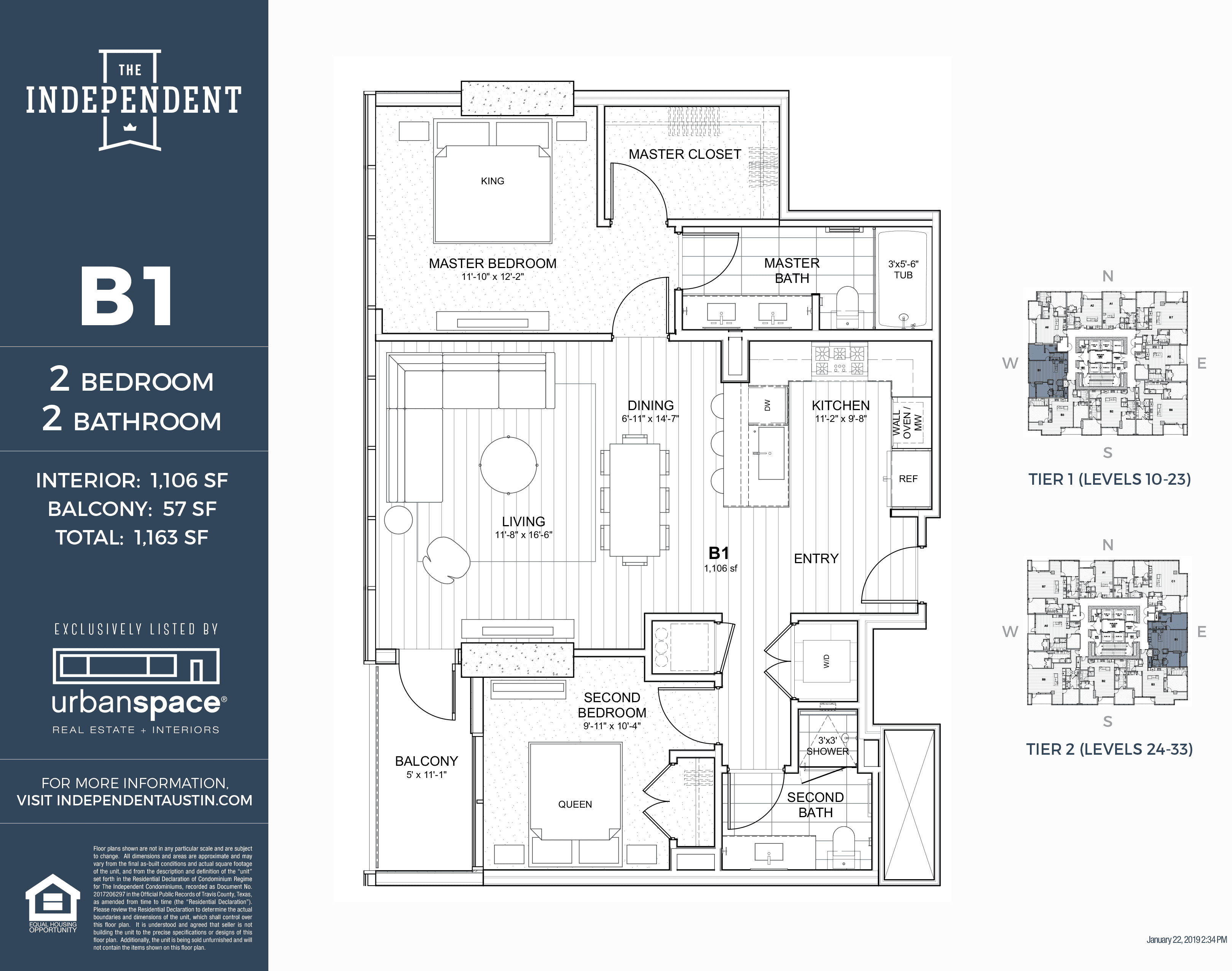 B1 floor plan — 2 bed, 1106 SF