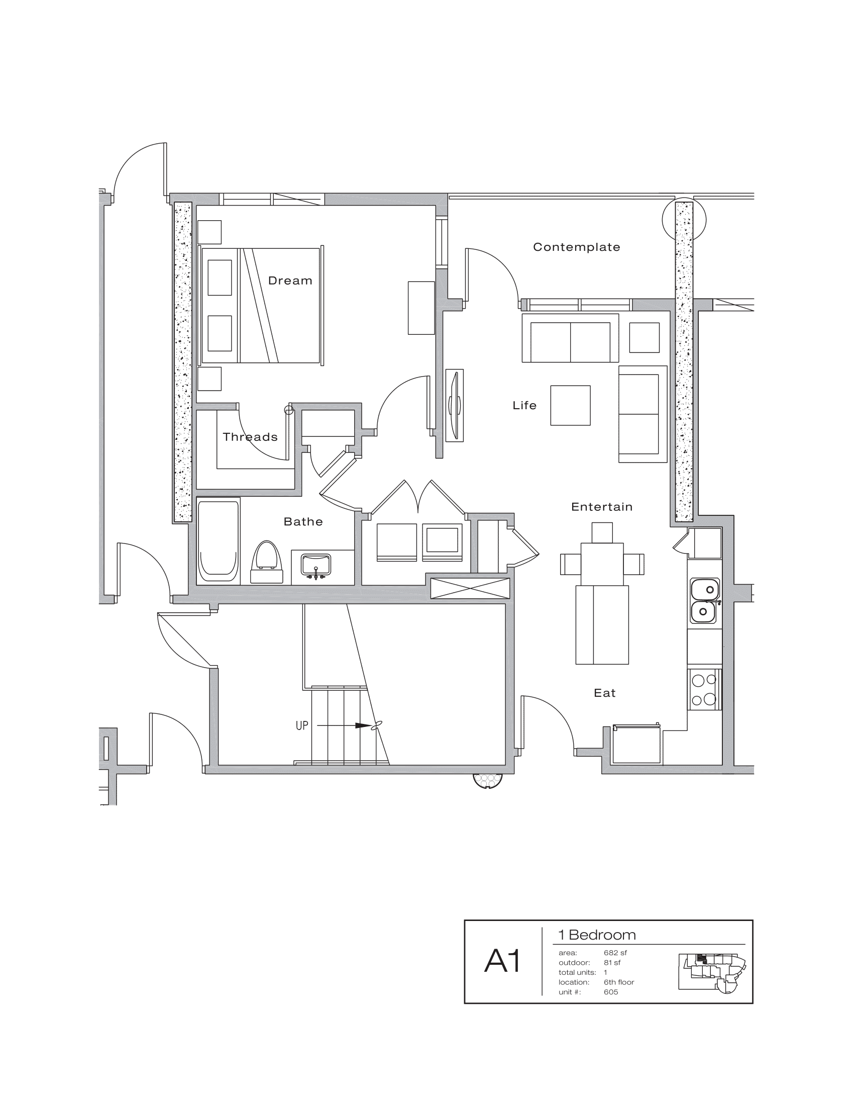 The Shore Condominiums A1 floor plan - 1 bed, 763 SF