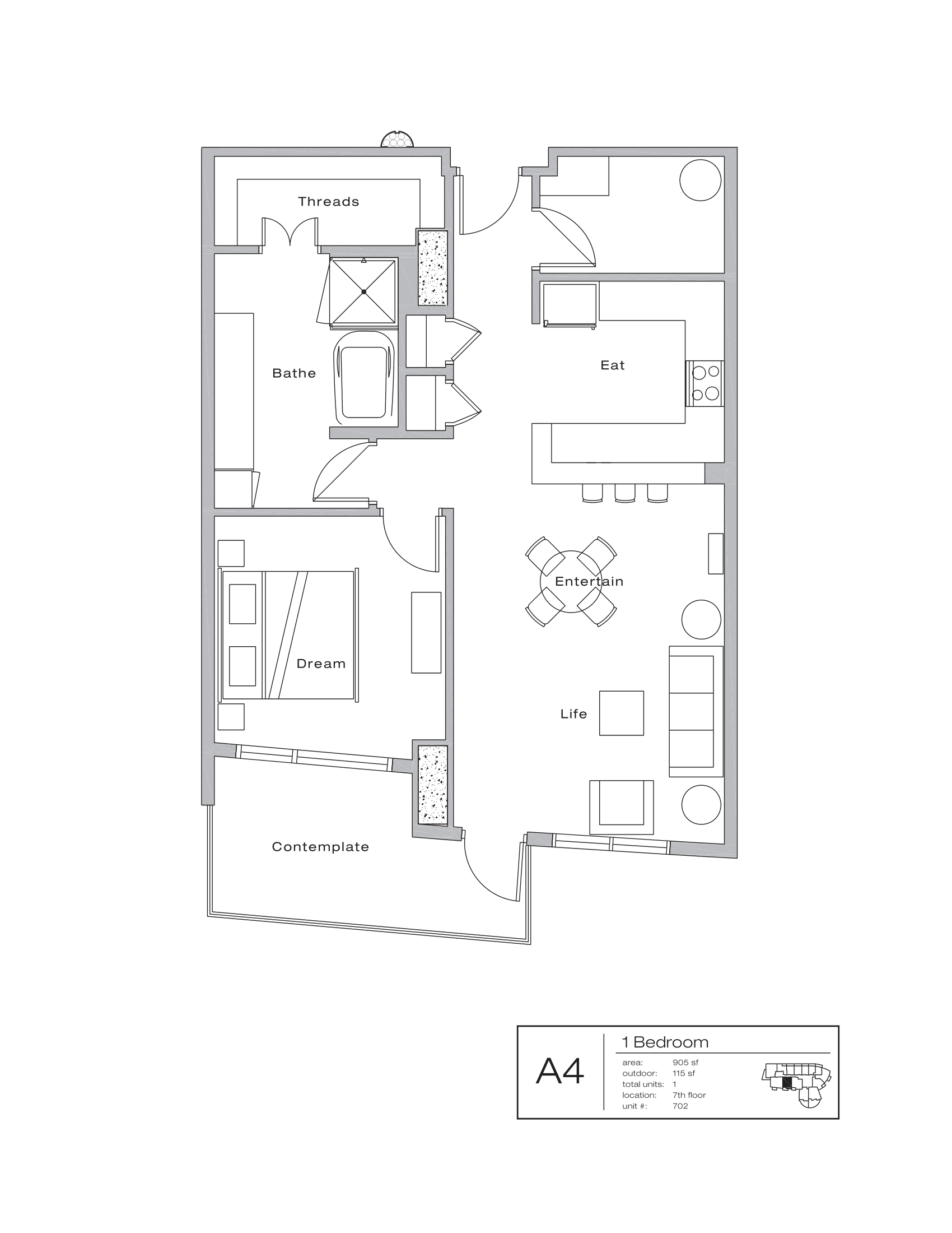 The Shore Condominiums A4 floor plan - 1 bed, 1020 SF