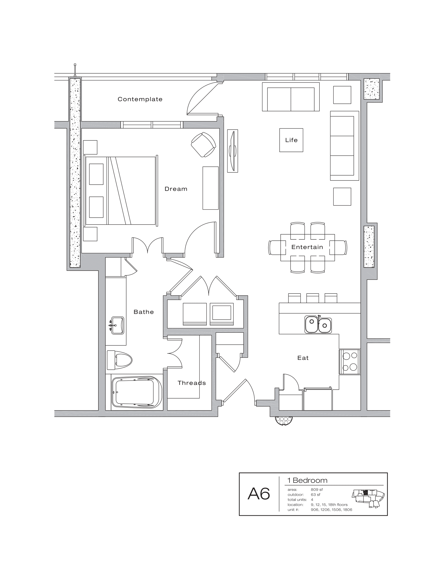 The Shore Condominiums A6 floor plan - 1 bed, 872 SF