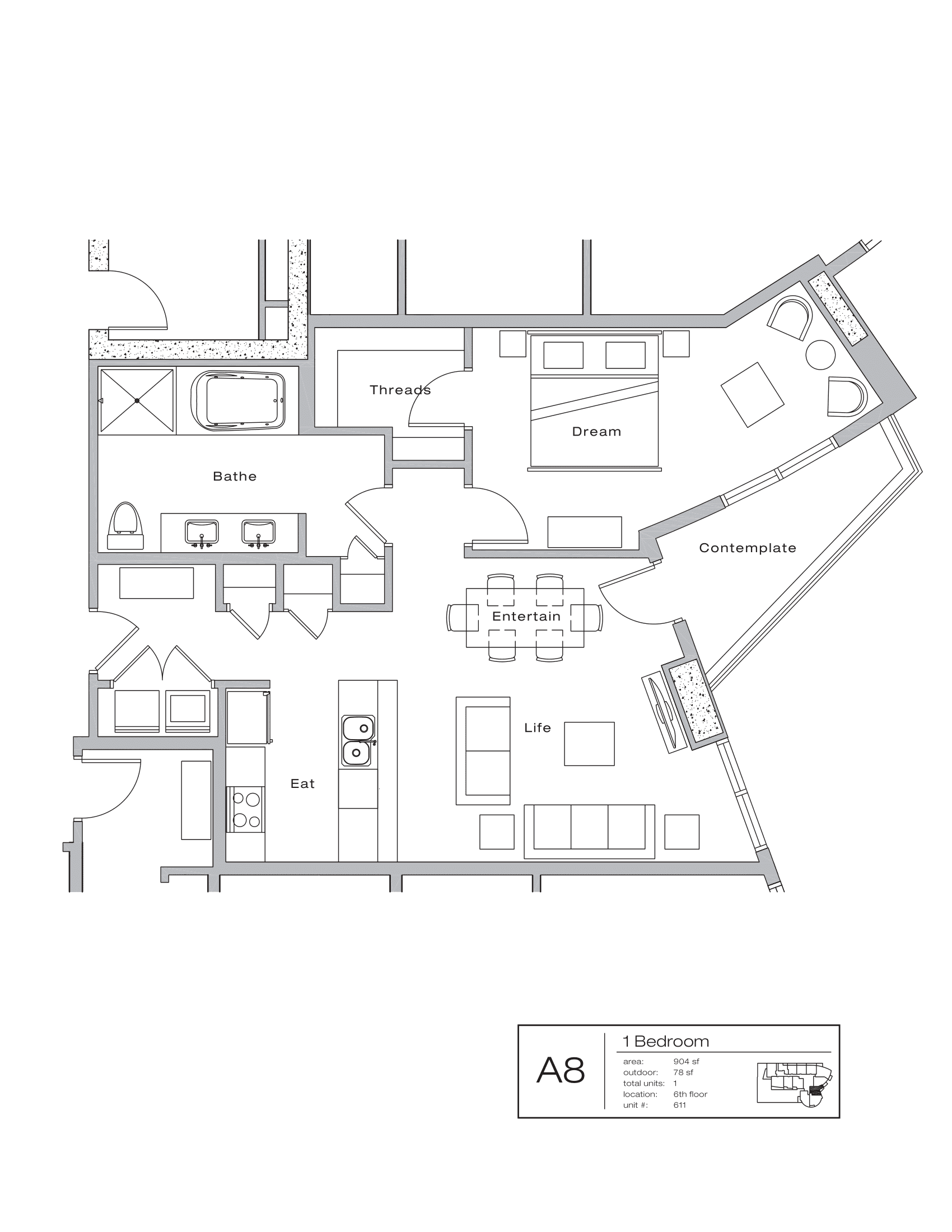 The Shore Condominiums A8 floor plan - 1 bed, 982 SF