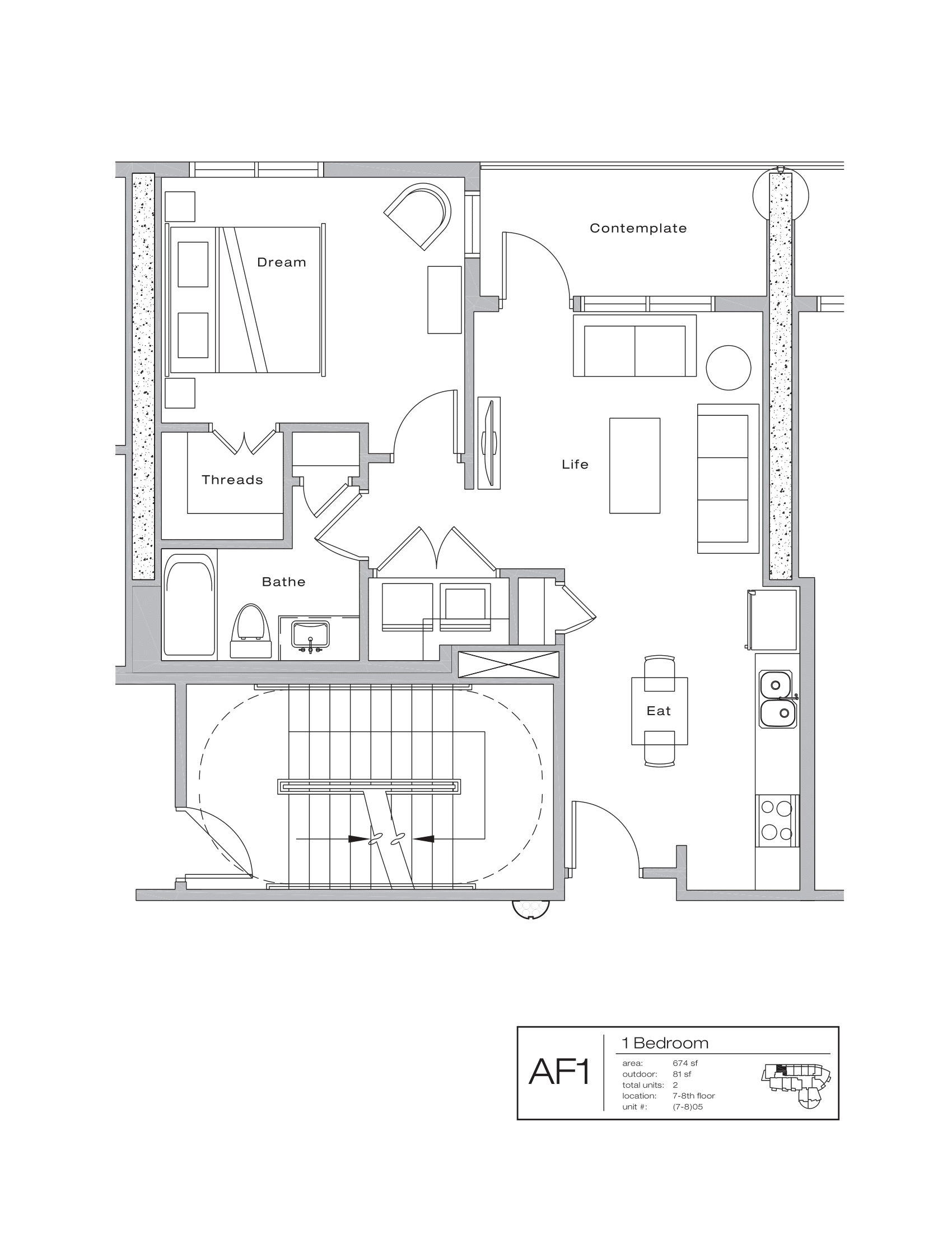 The Shore Condominiums AF-1 floor plan - 1 bed, 755 SF