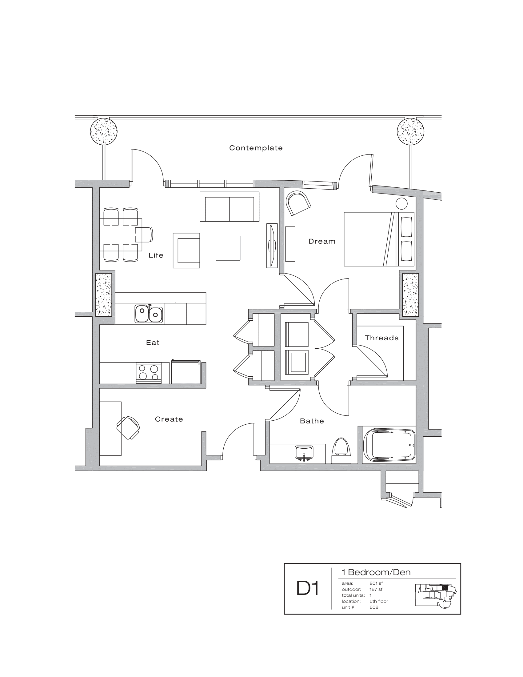 The Shore Condominiums D1 floor plan - 1 bed, 988 SF