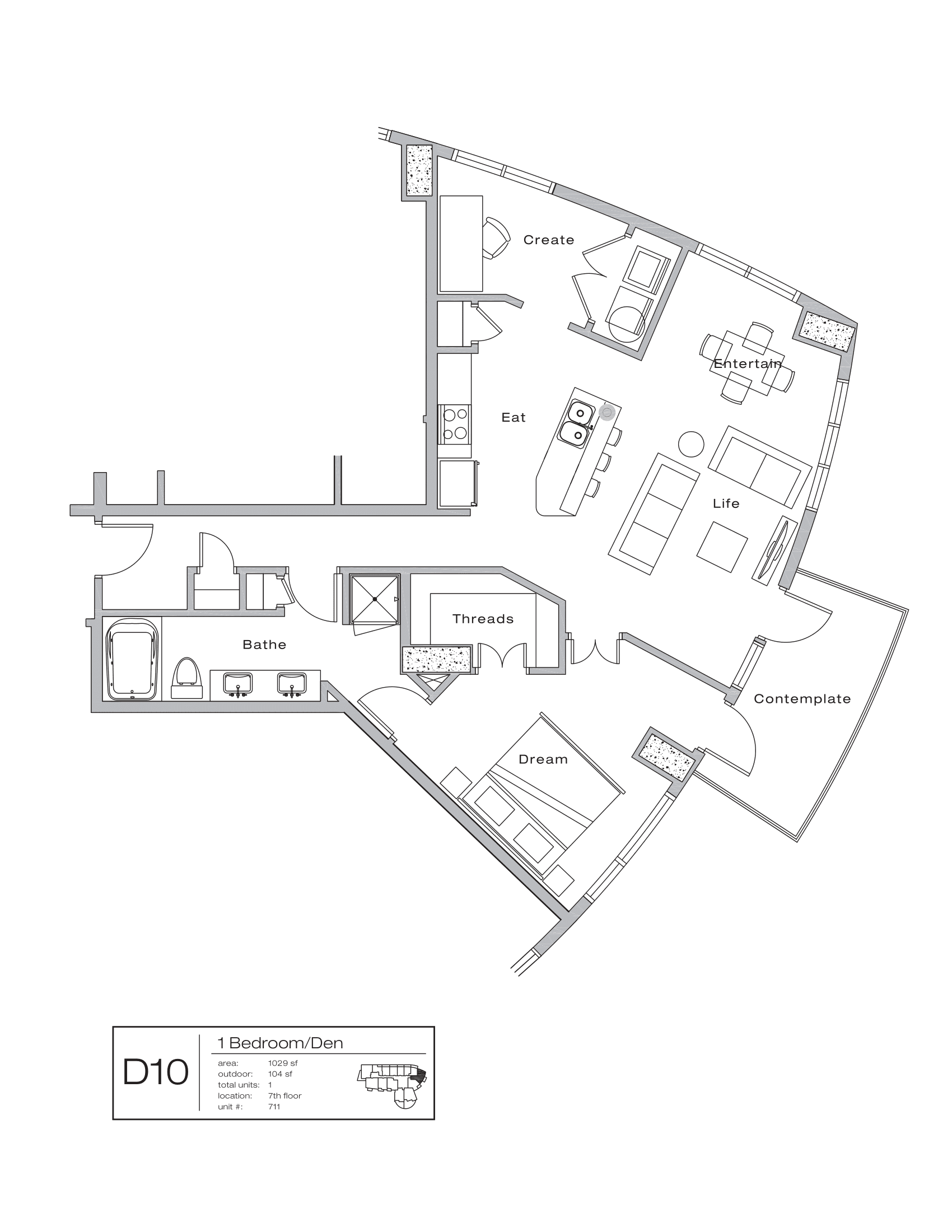 The Shore Condominiums D10 floor plan - 1 bed, 1133 SF