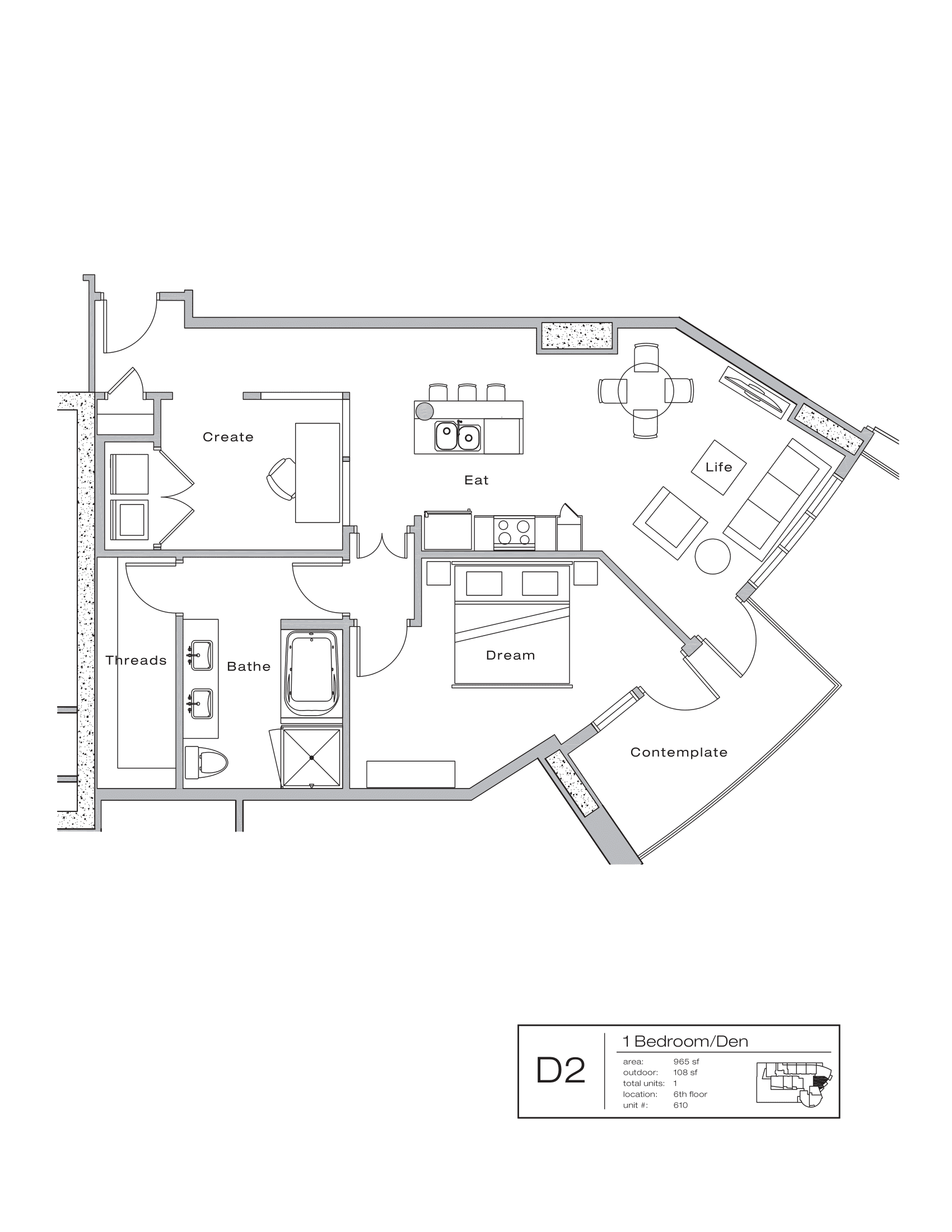 The Shore Condominiums D2 floor plan - 1 bed, 1073 SF