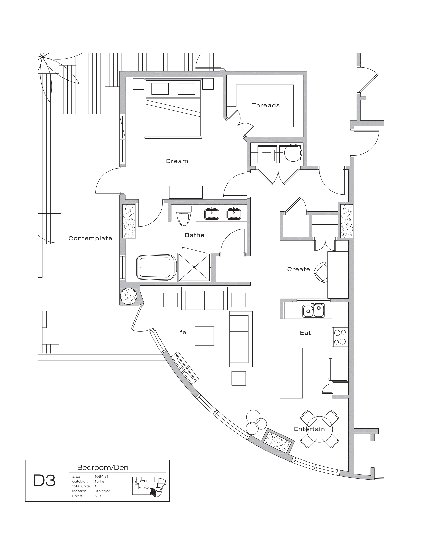 The Shore Condominiums D3 floor plan - 1 bed, 1238 SF