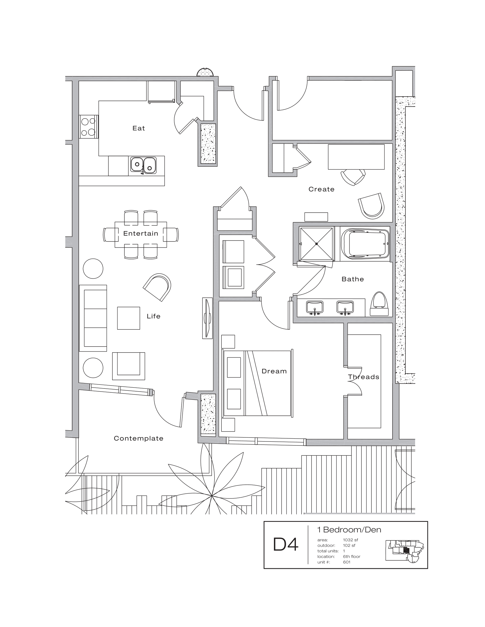 The Shore Condominiums D4 floor plan - 1 bed, 1134 SF