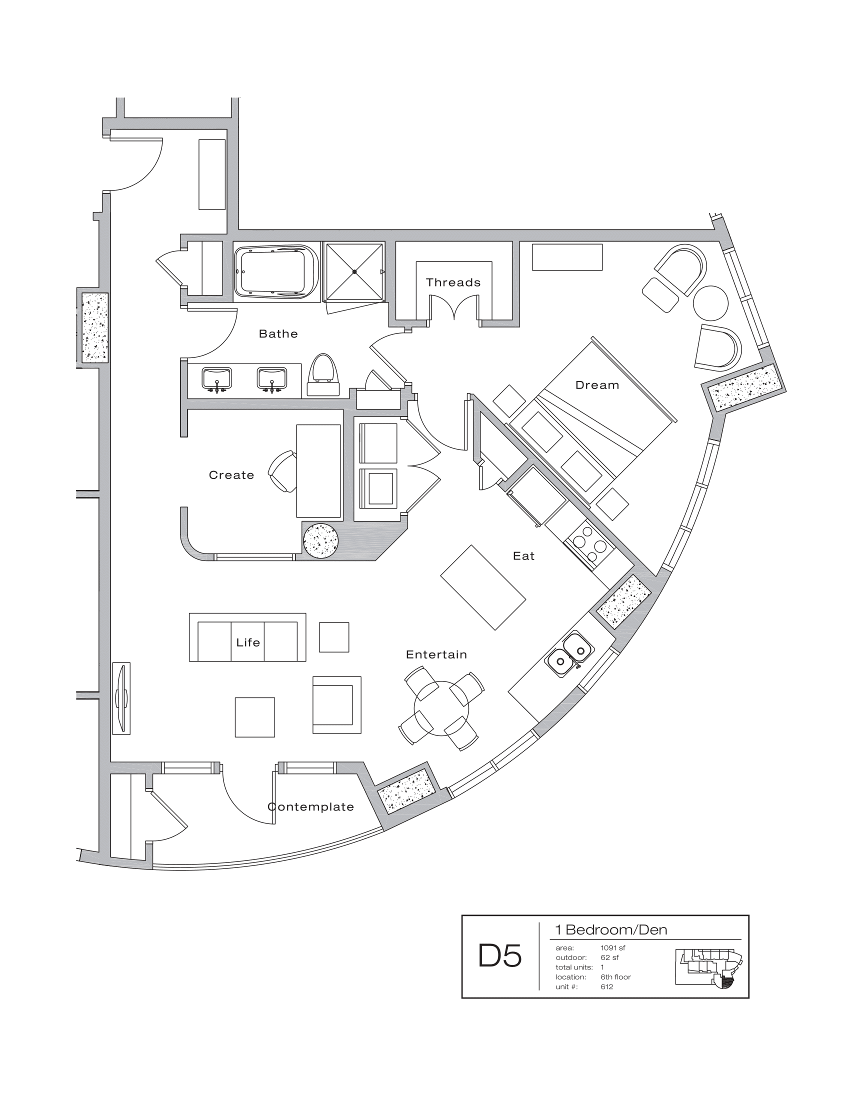 The Shore Condominiums D5 floor plan - 1 bed, 1153 SF