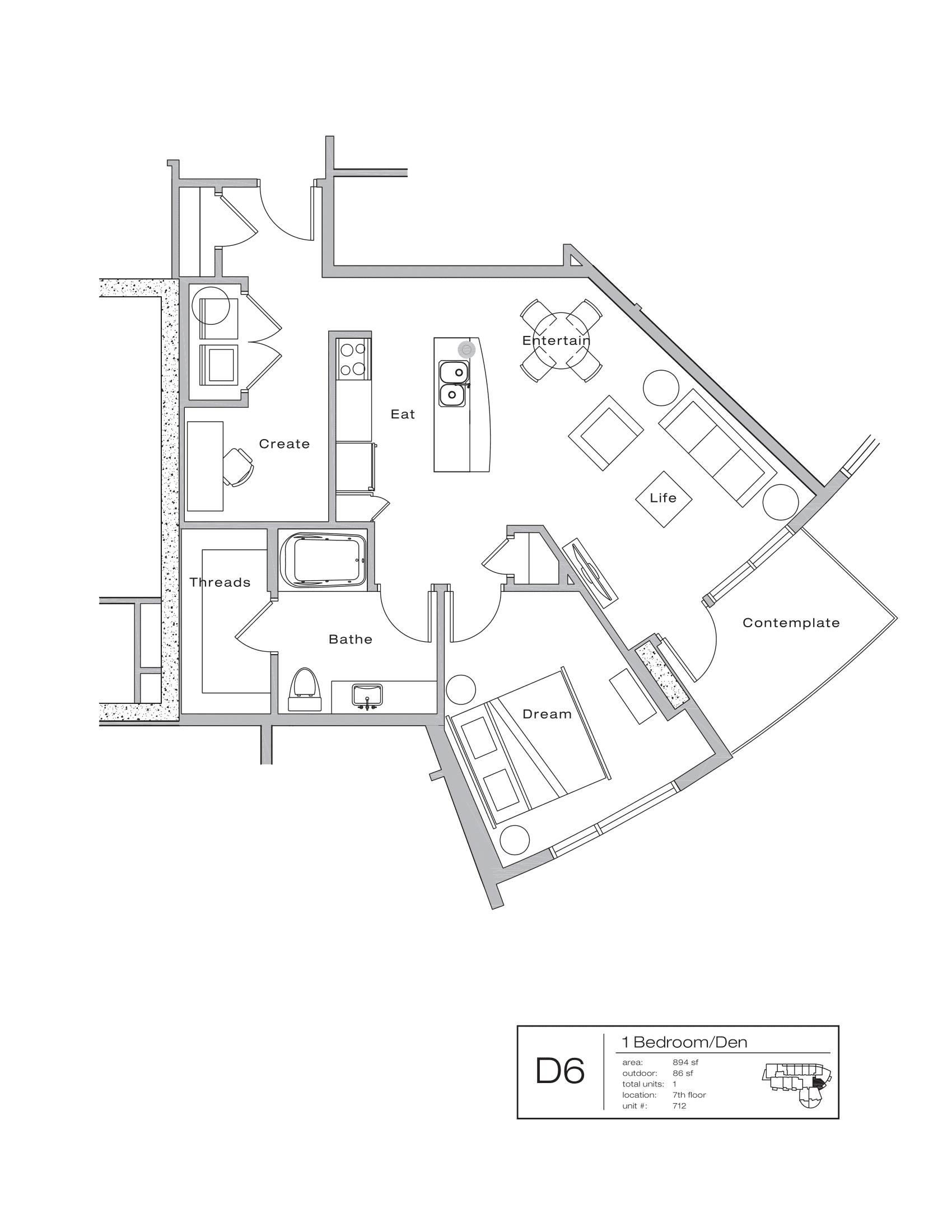 The Shore Condominiums D6 floor plan - 1 bed, 980 SF