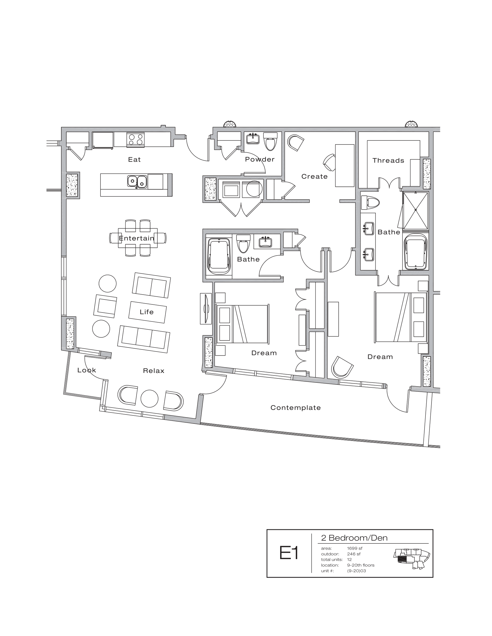 The Shore Condominiums E1 floor plan - 2 bed, 1945 SF