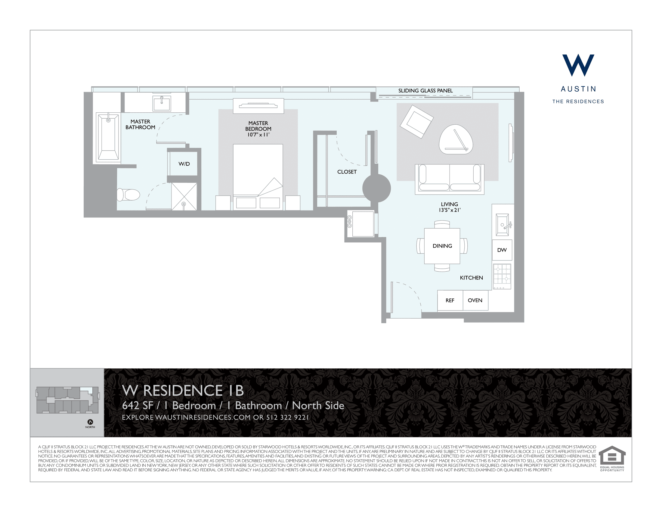 The W Residences 1B floor plan - 1 bed, 642 SF