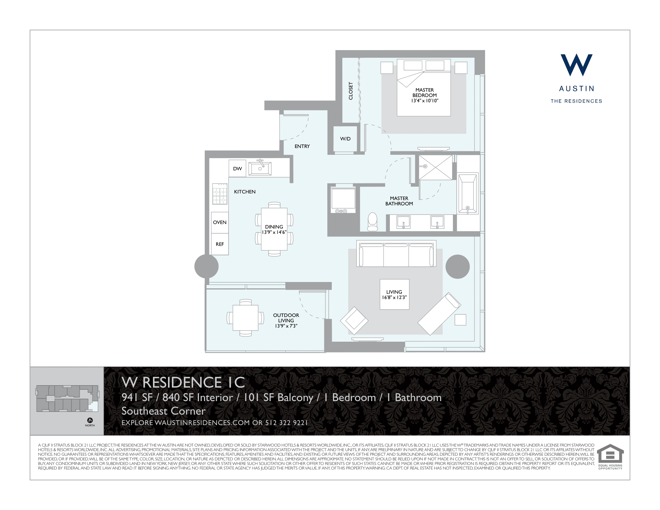The W Residences 1C floor plan - 1 bed, 840 SF