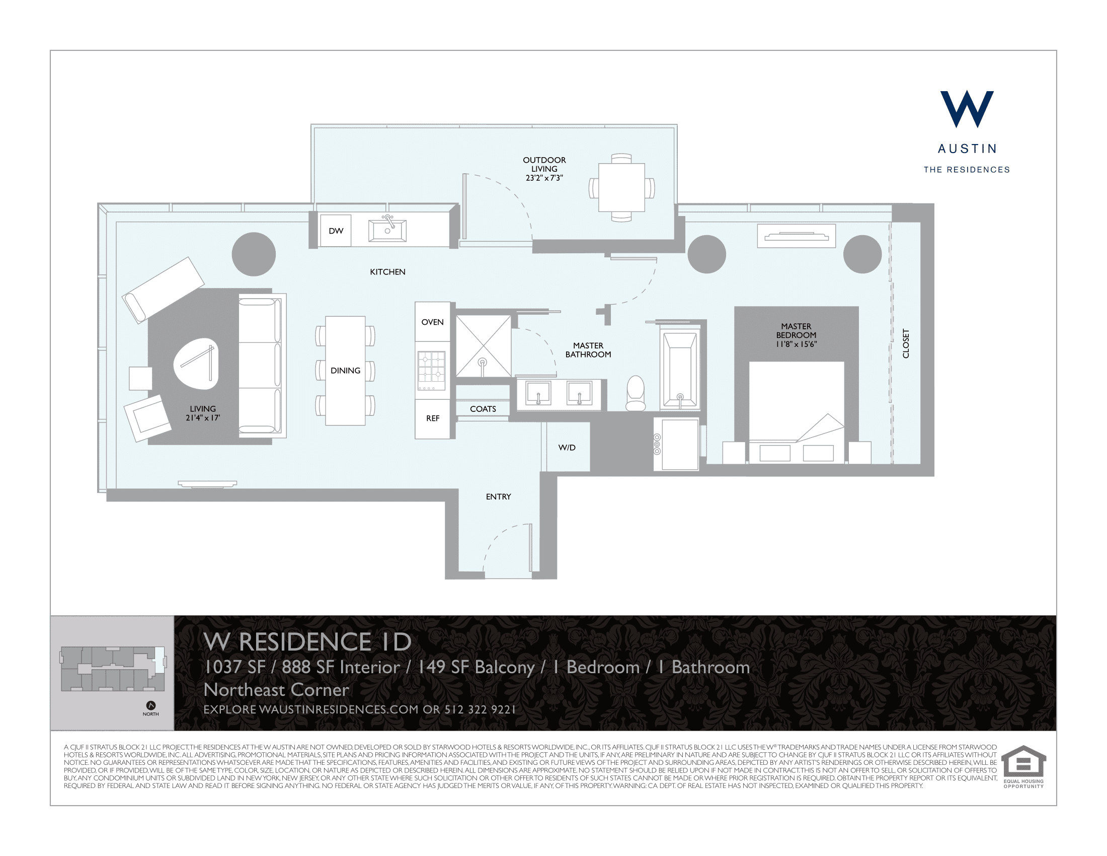 The W Residences 1D floor plan - 1 bed, 888 SF