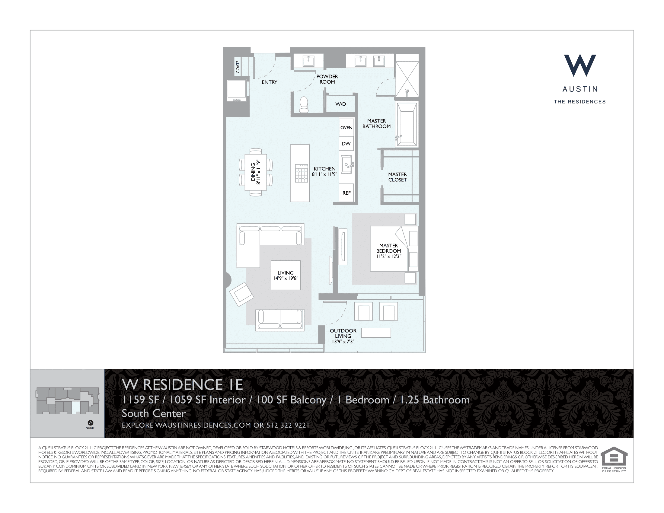 The W Residences 1E floor plan - 1 bed, 1059 SF