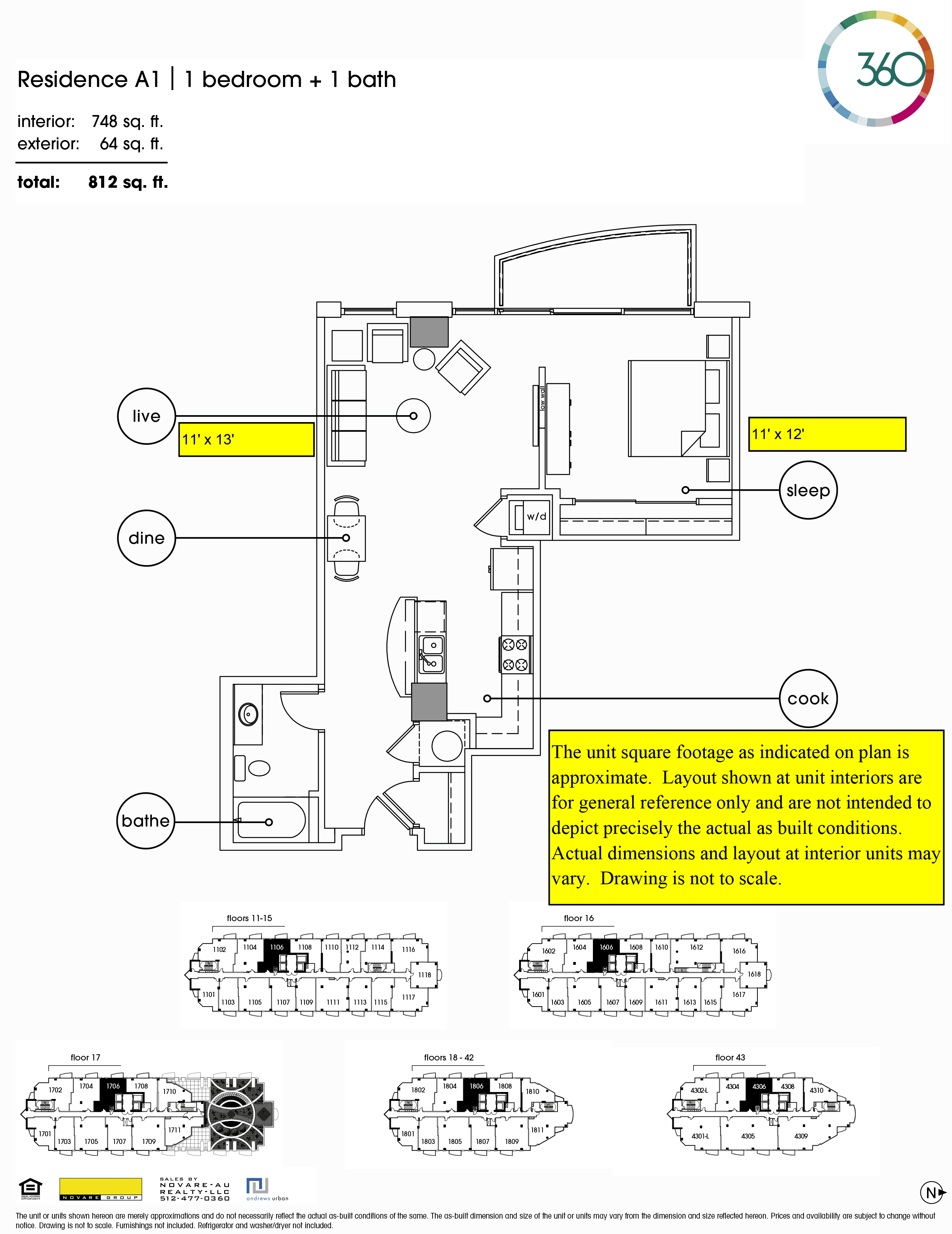 360 Condominiums A1 floor plan - 1 bed, 748 SF