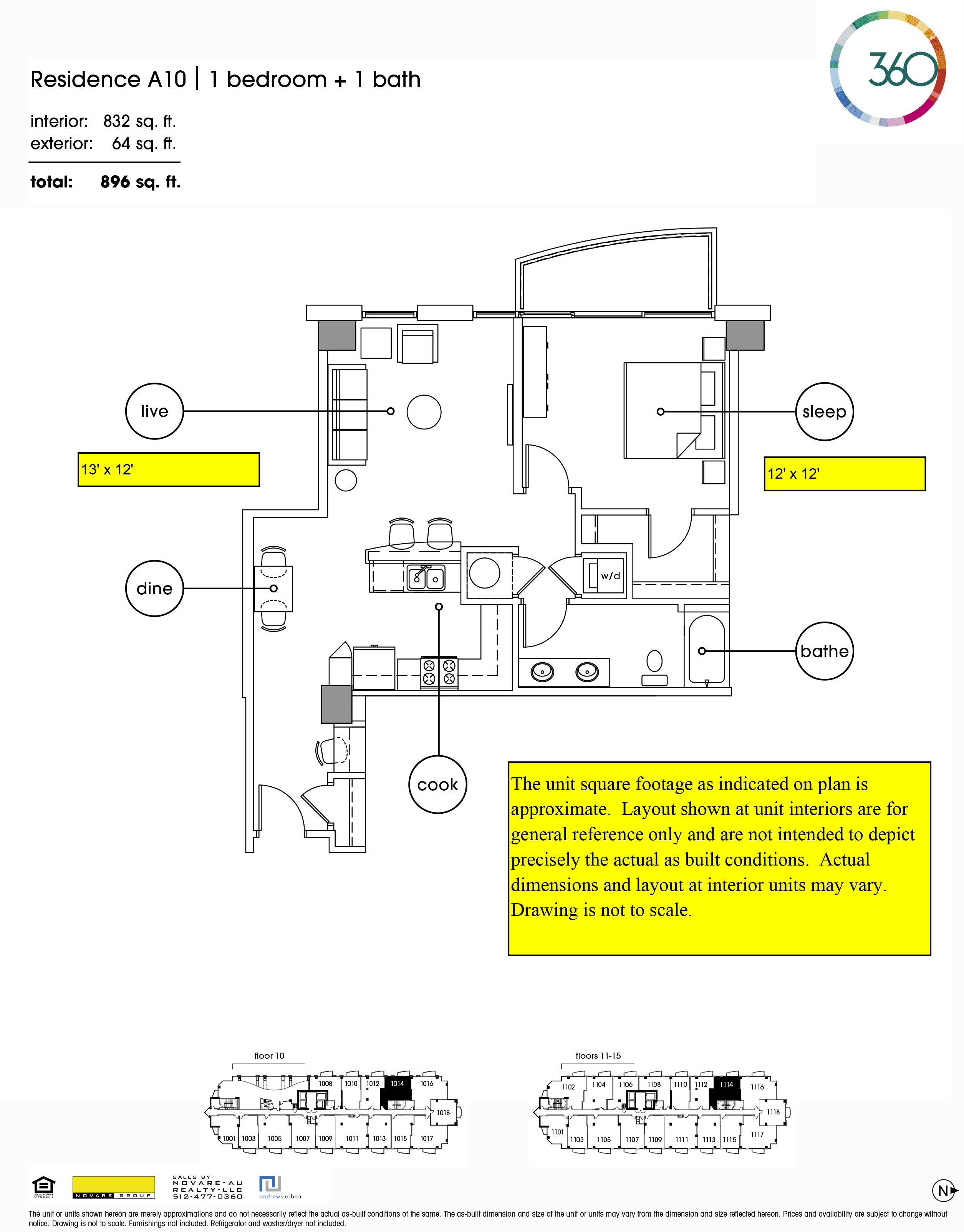 360 Condominiums A10 floor plan - 1 bed, 832 SF